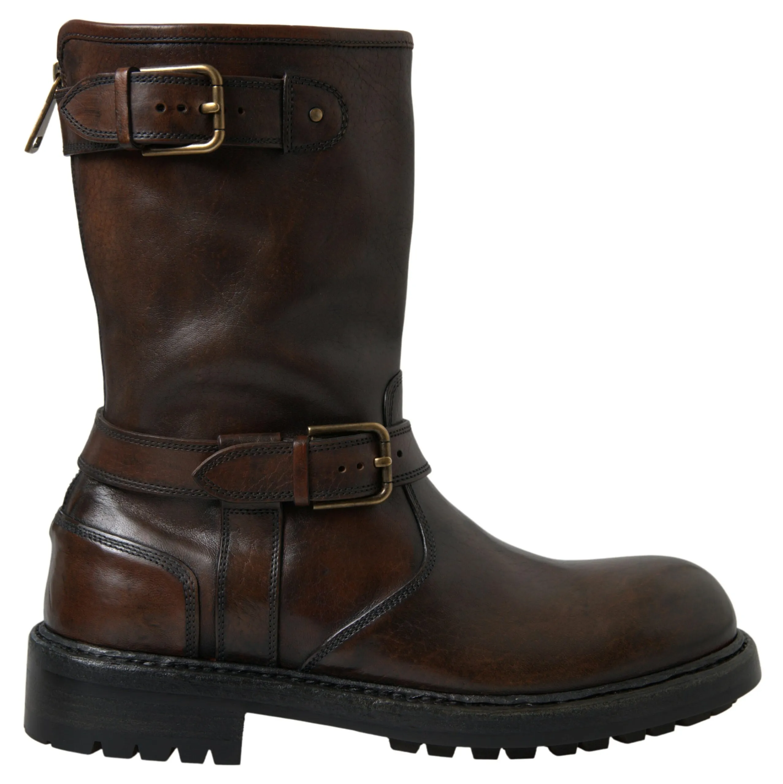 Dolce & Gabbana Men's Elegant Brown Leather Mid-Calf Biker Boots