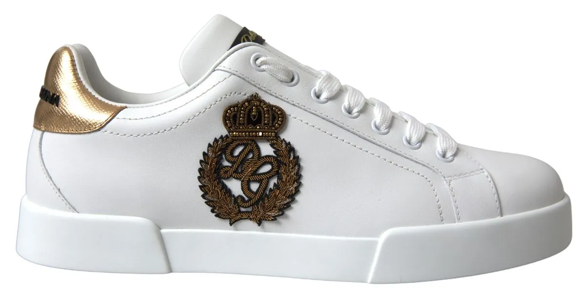 Dolce & Gabbana Men's Dazzling Gold-Trimmed White Leather Sneakers