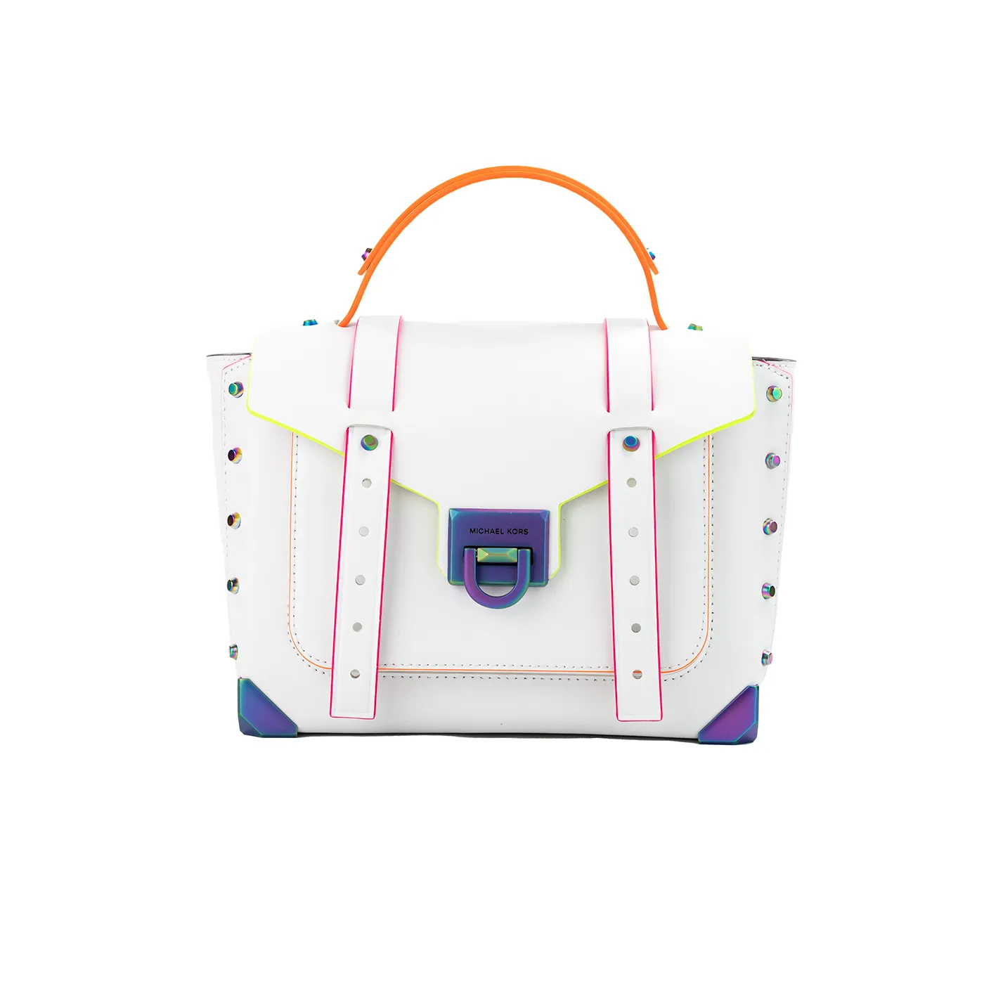 Michael Kors Women's Manhattan Optic White Contrast Trim Leather Top Handle Satchel Bag