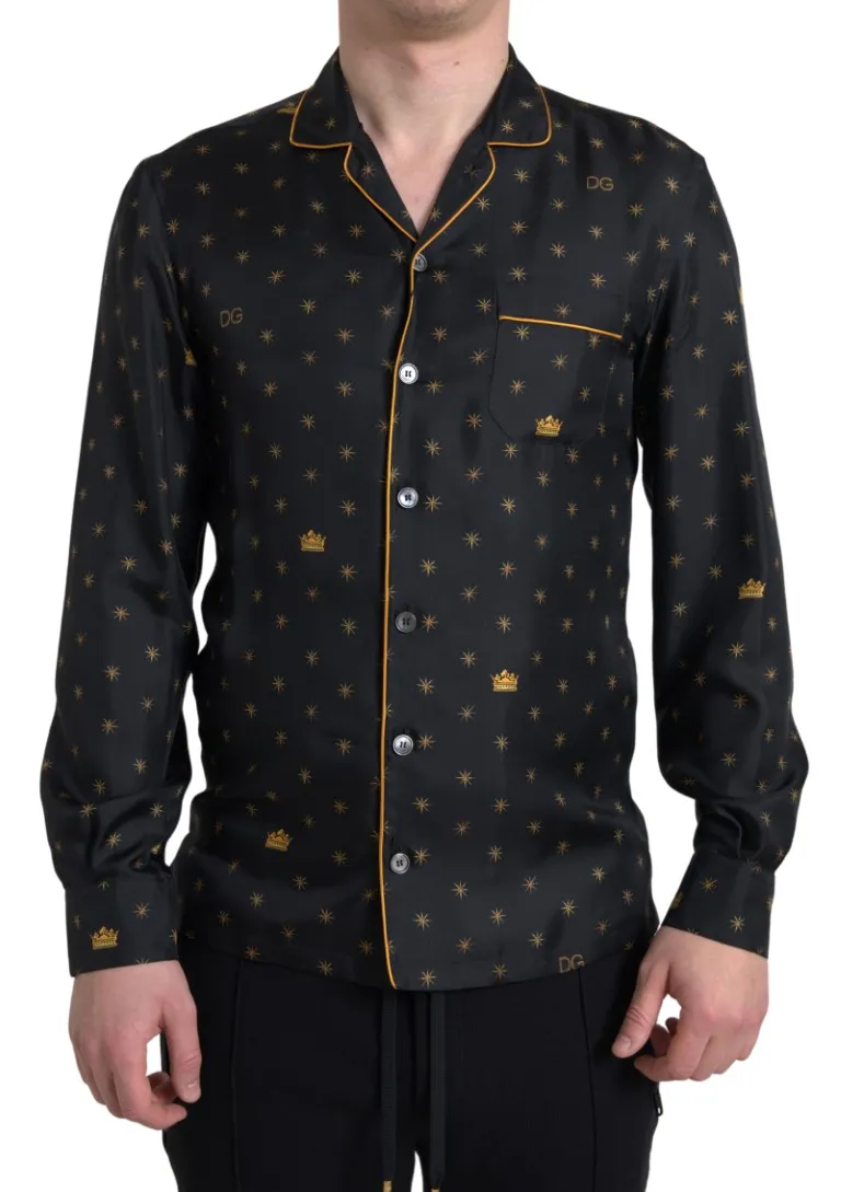 Dolce & Gabbana Men's Elegant Silk Crown Print Pajama Shirt
