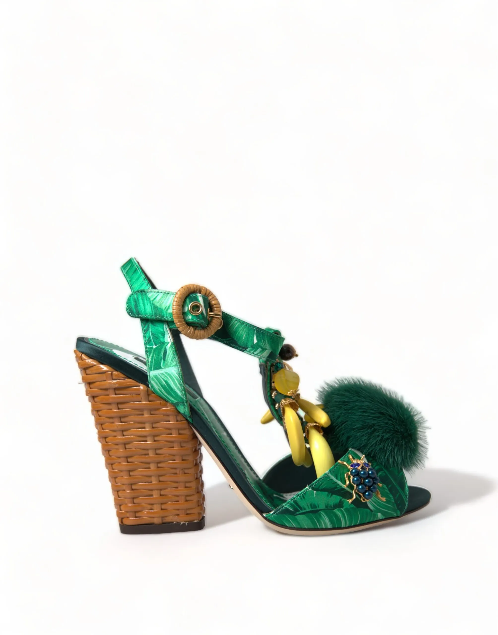 Dolce & Gabbana Women's Green Crystal Mink Fur T-Strap Sandals