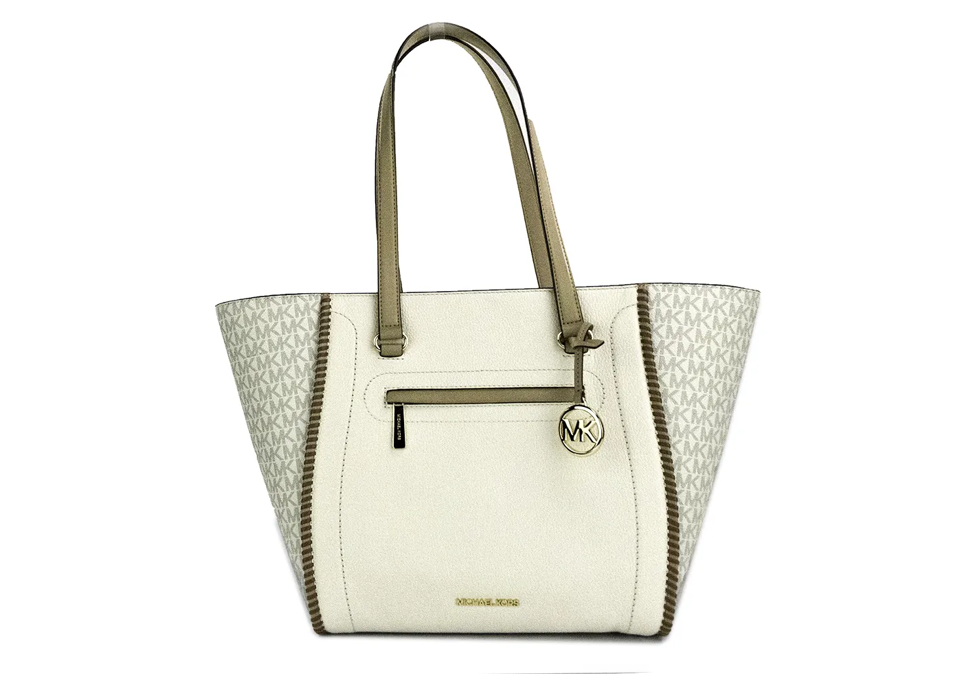 Michael Kors Women's Carine Large Light Cream Leather PVC Front Zip Shoulder Tote Bag