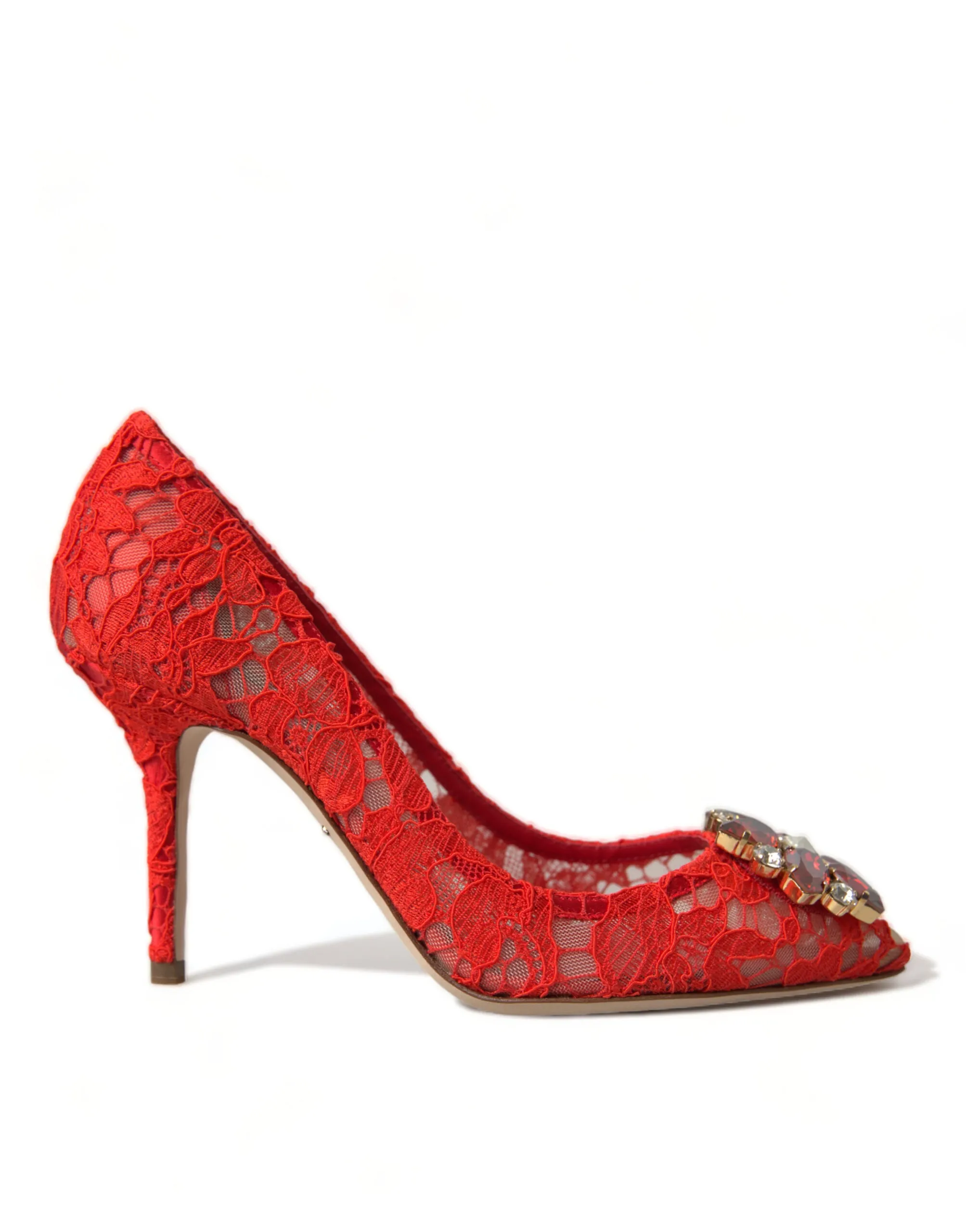 Dolce & Gabbana Women's Exquisite Crystal-Embellished Red Lace Heels