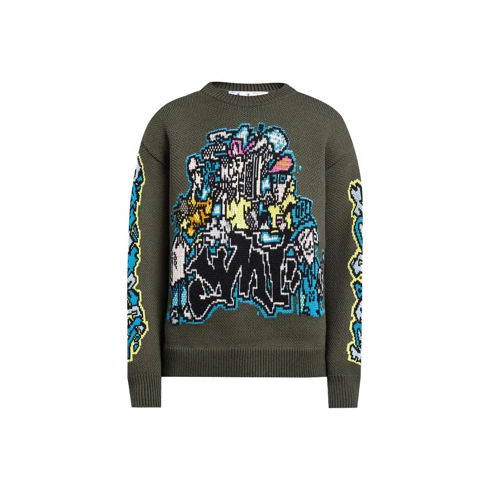 Off-White Men's Military-Inspired Wool-Blend Graffiti Sweater
