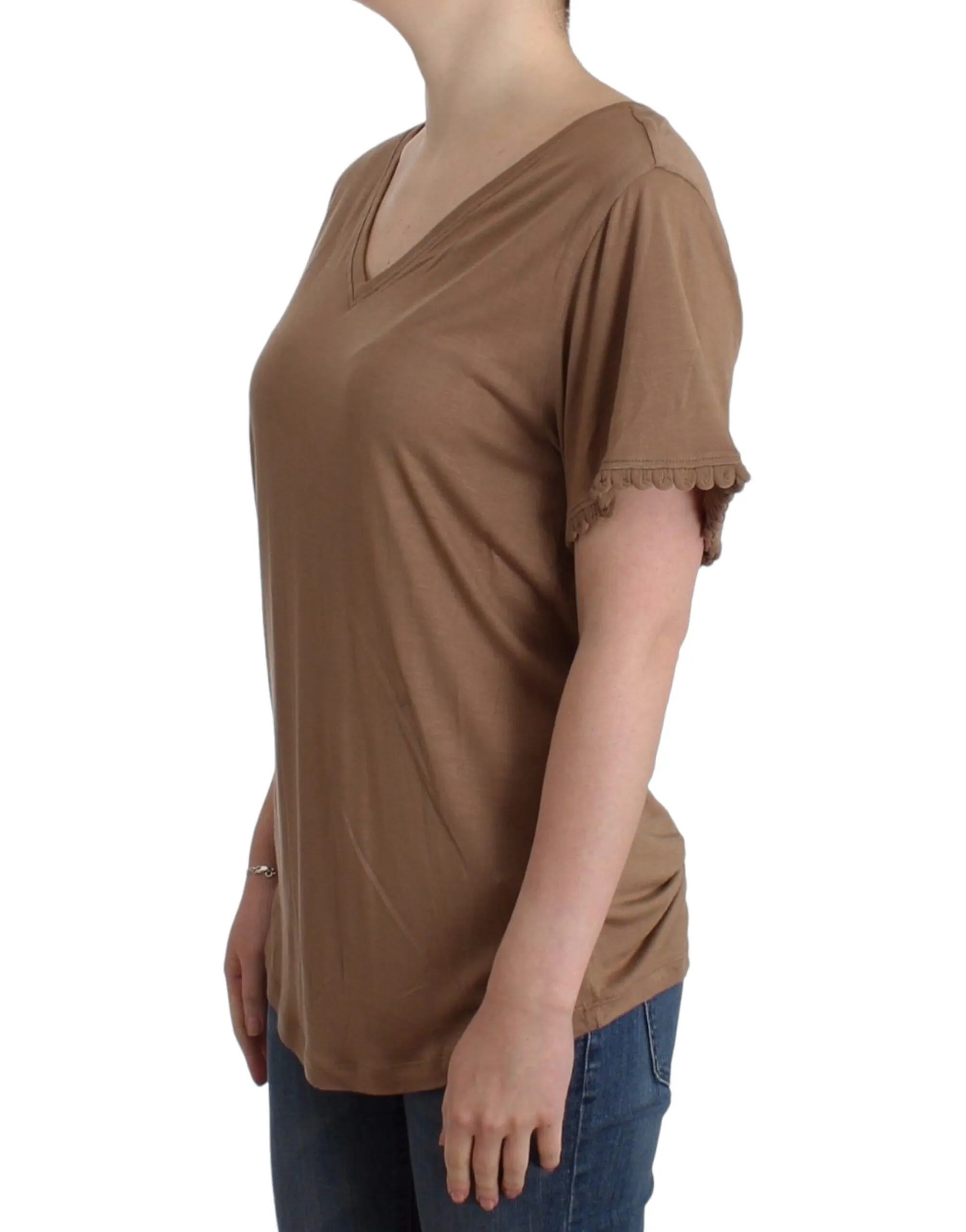 John Galliano Women's Elegant Short-Sleeved Brown Rayon Top
