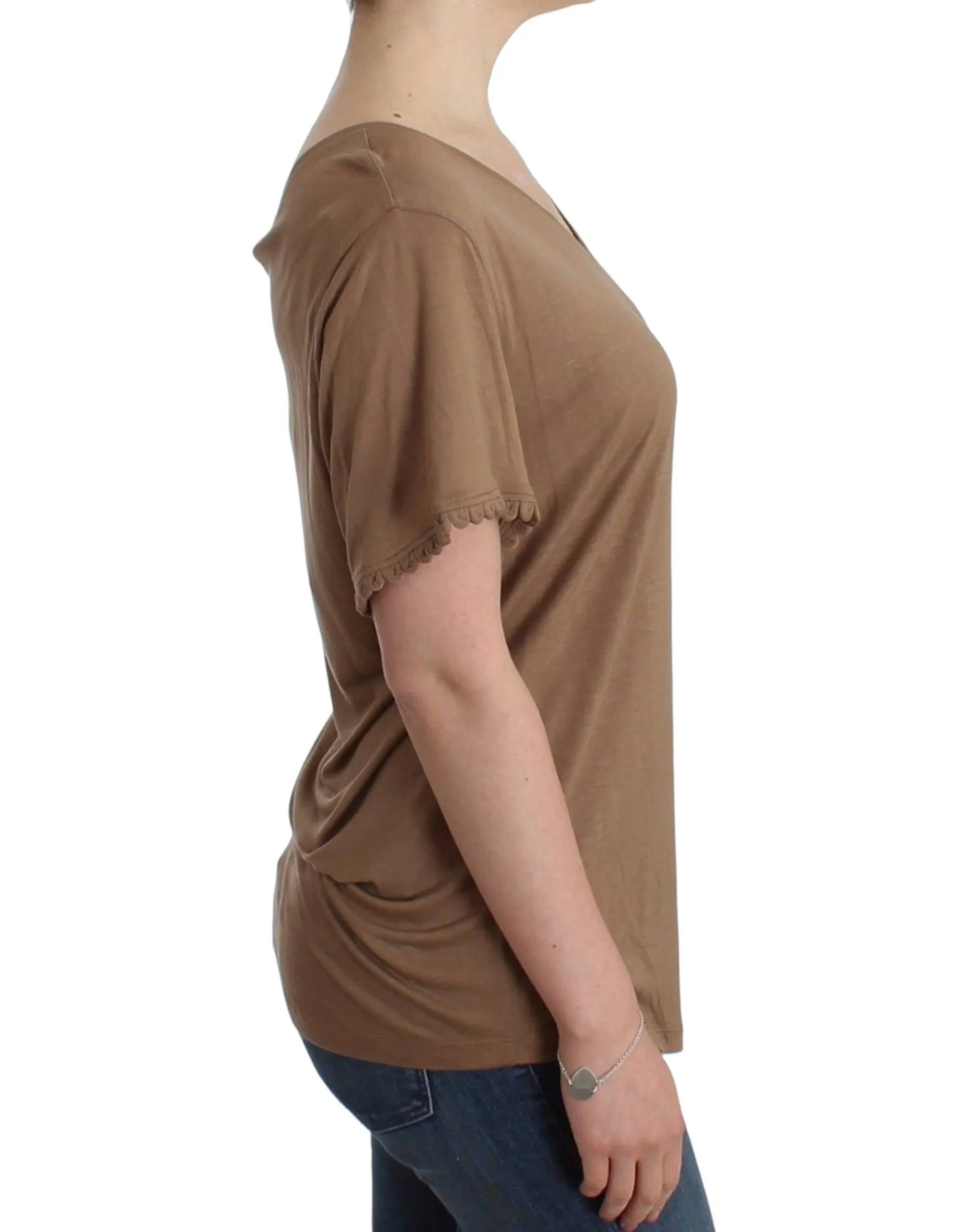 John Galliano Women's Elegant Short-Sleeved Brown Rayon Top