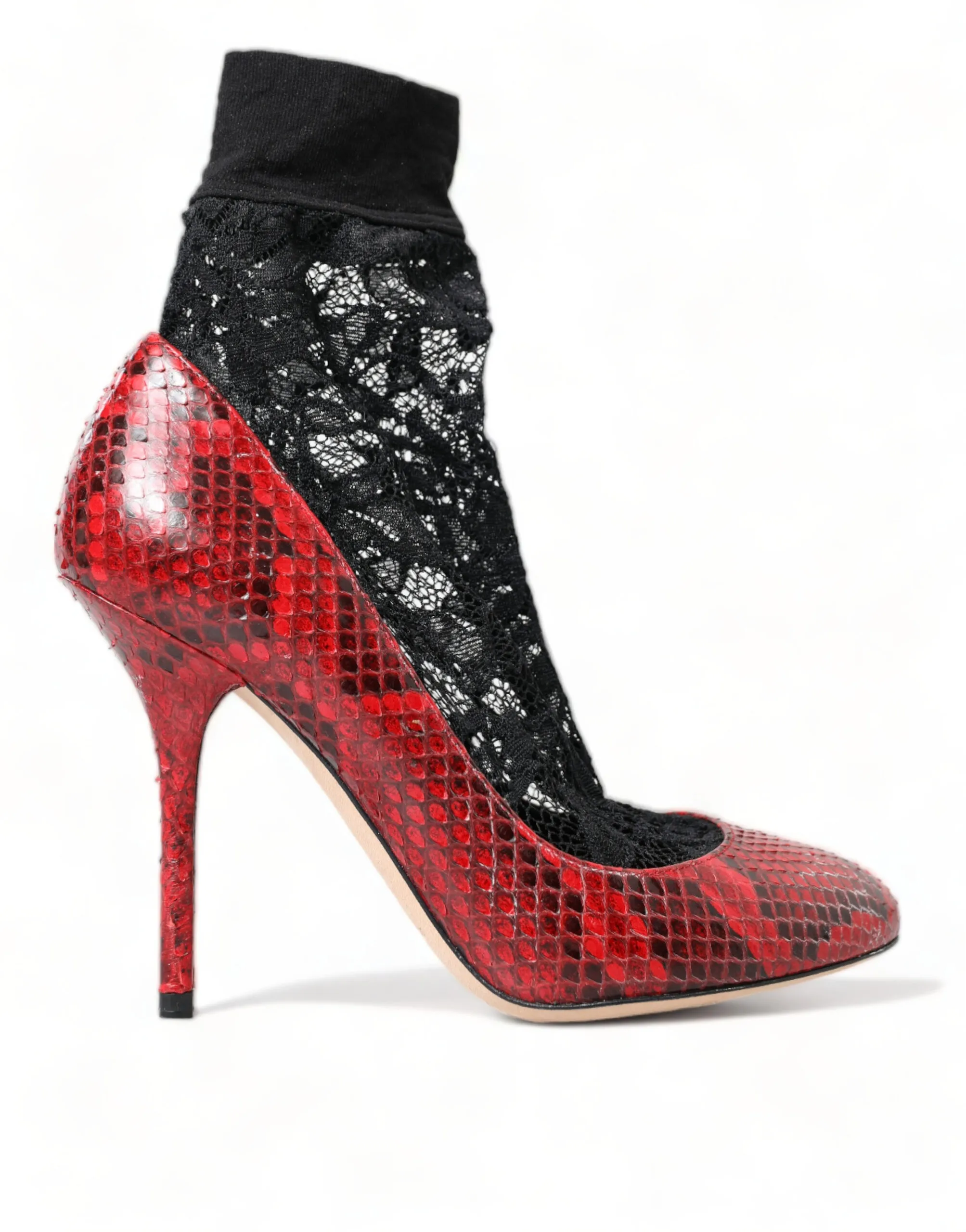 Dolce & Gabbana Women's Red Almond Toe Snakeskin Pumps with Lace Socks