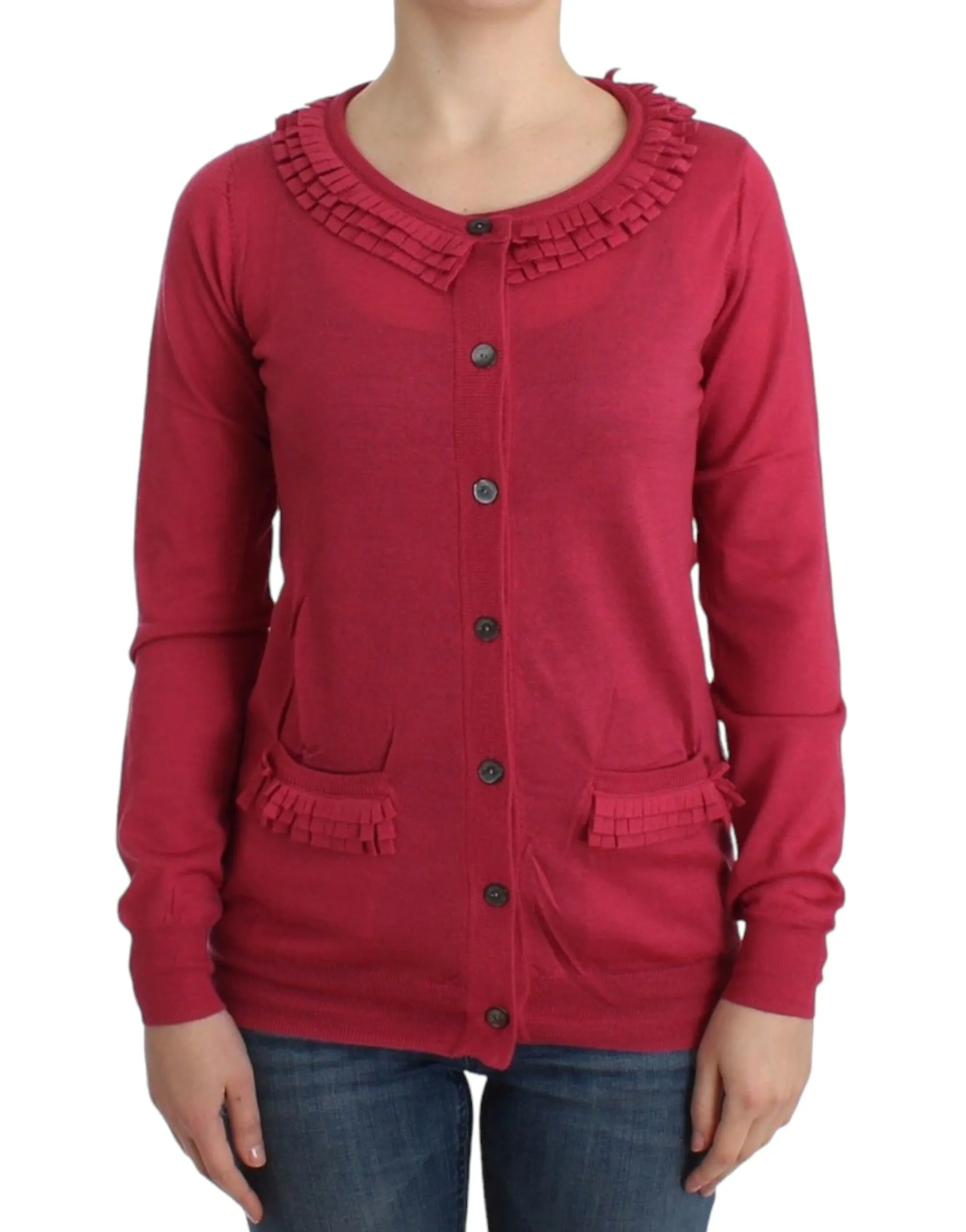 John Galliano Women's Ruffle Detail Wool Cardigan in Pink