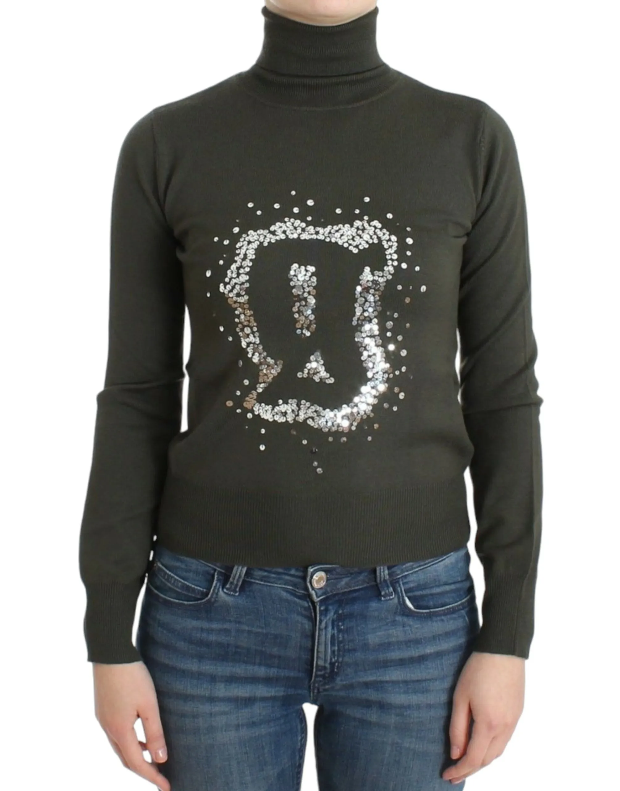 John Galliano Women's Chic Green Turtleneck Virgin Wool Sweater