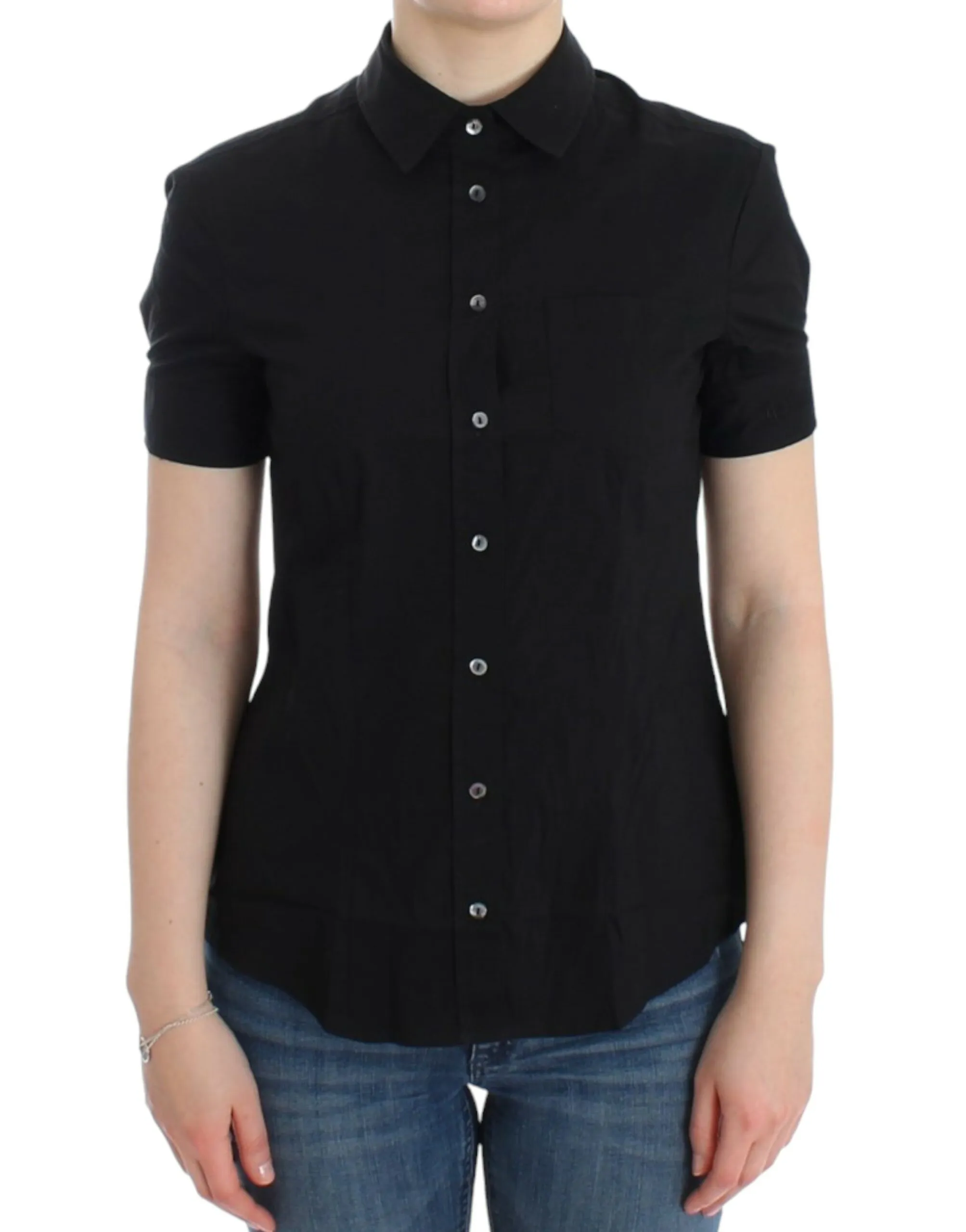 John Galliano Women's Elegant Black Cotton Stretch Shortsleeve Blouse