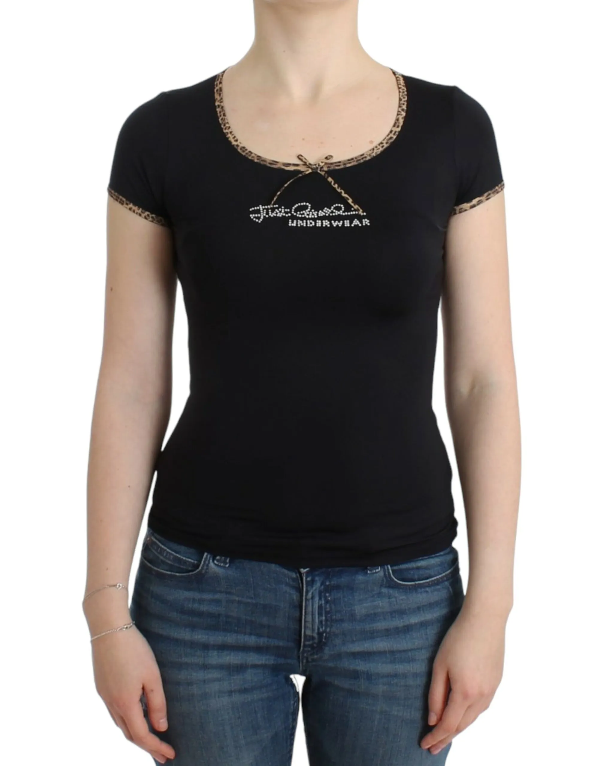 Cavalli Women's Chic Black Crewneck Top with Leopard Details