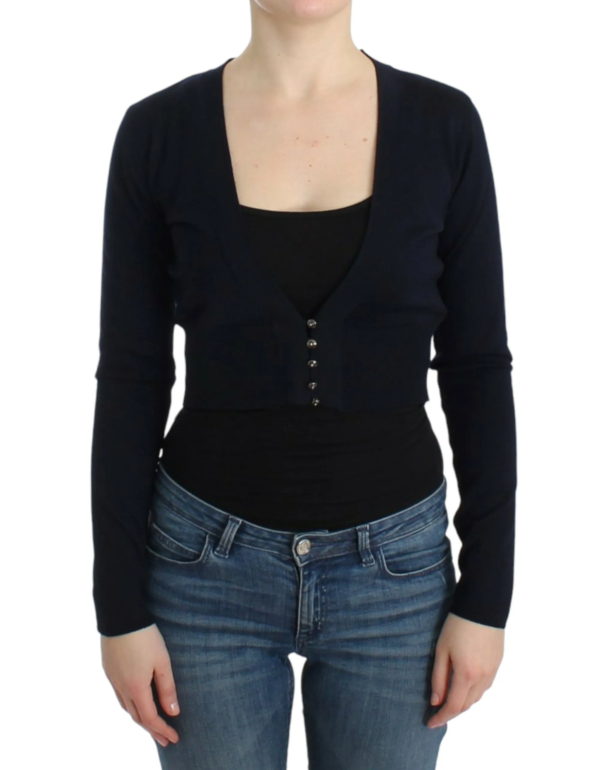 Cavalli Women's Elegant Black Cropped Virgin Wool Cardigan
