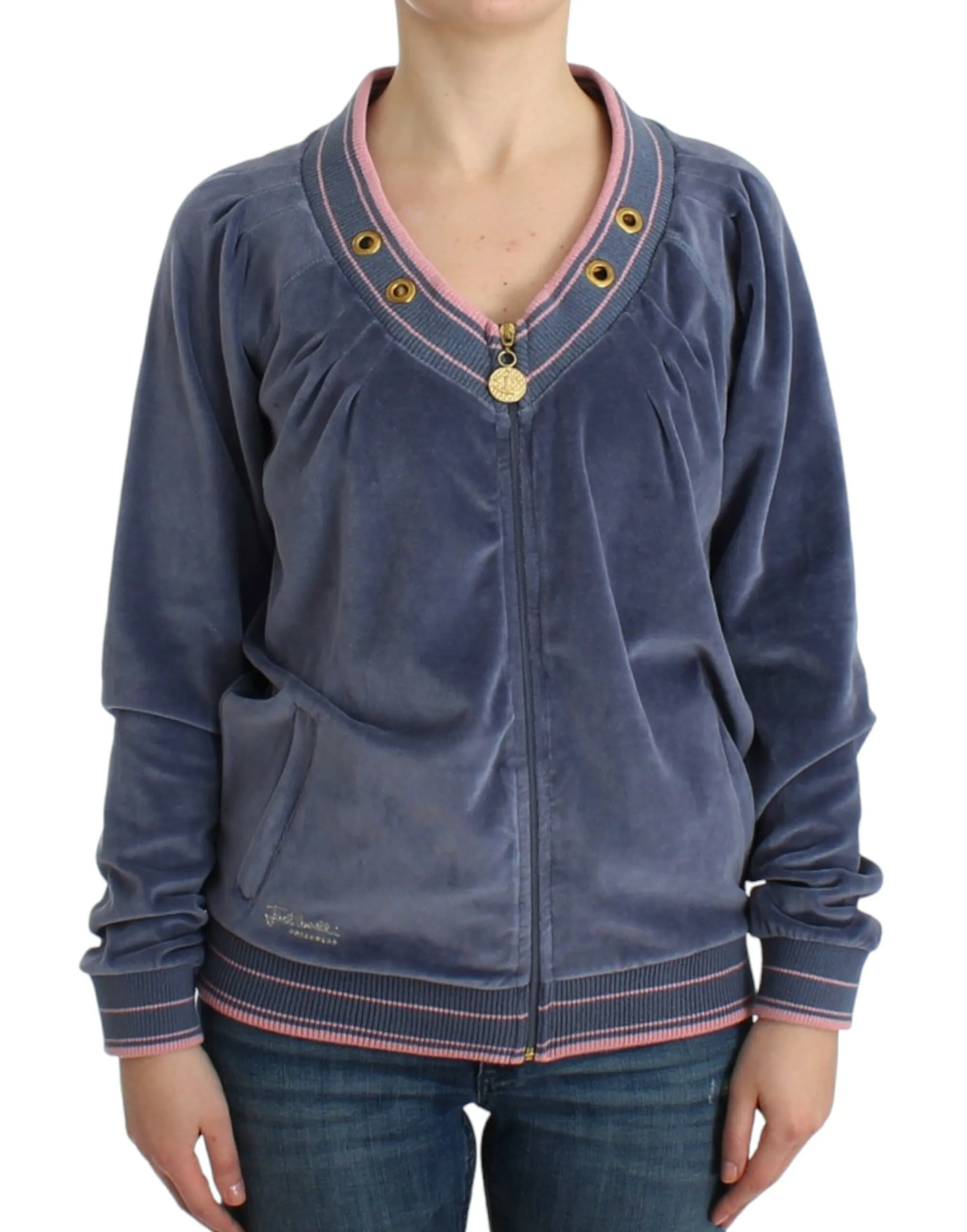 Cavalli Women's Elegant Blue Zip Cardigan with Gold Details