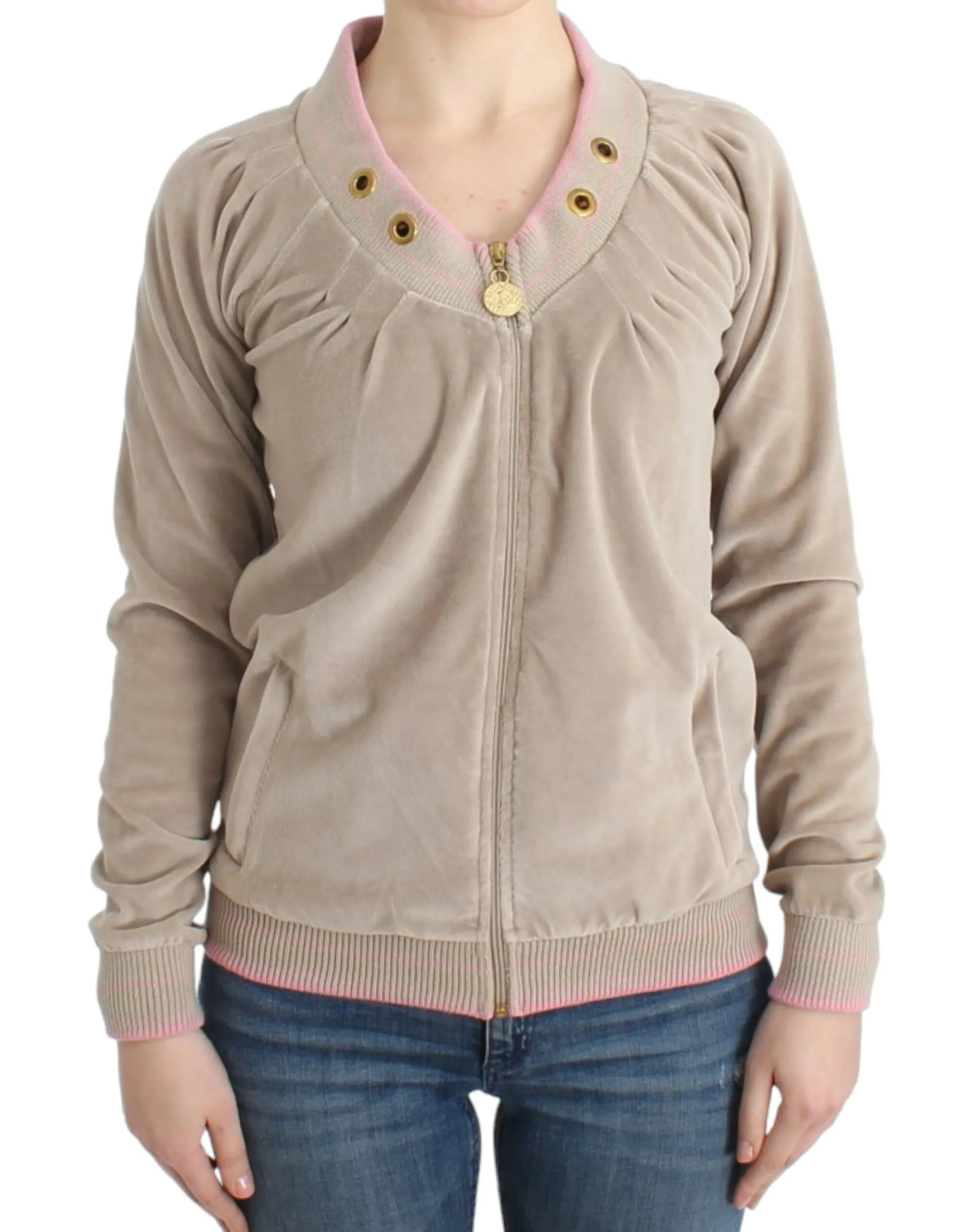 Cavalli Women's Beige Zip Cardigan with Gold Tone Accents