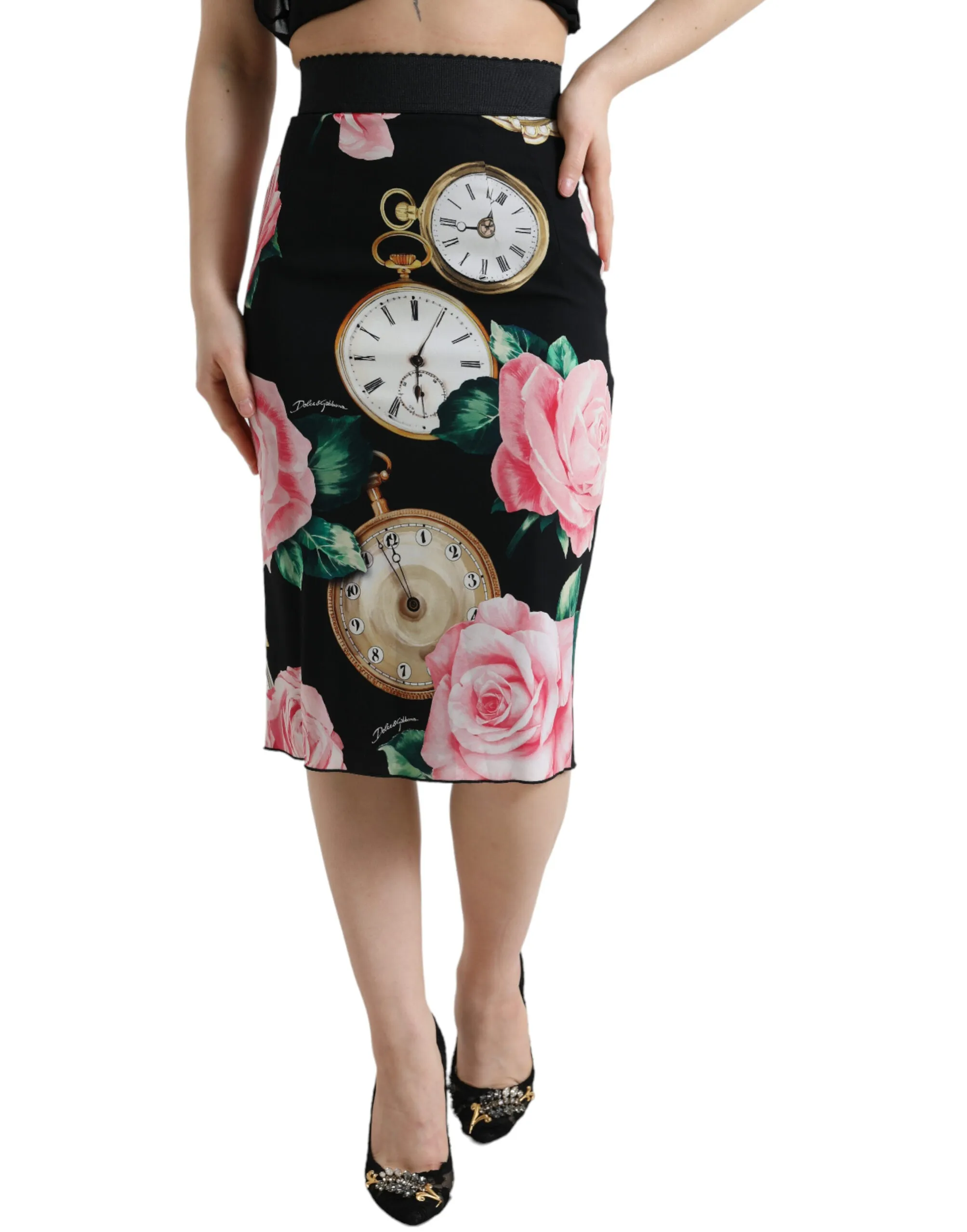 Dolce & Gabbana Women's High Waist Silk Pencil Midi Skirt with Floral Print