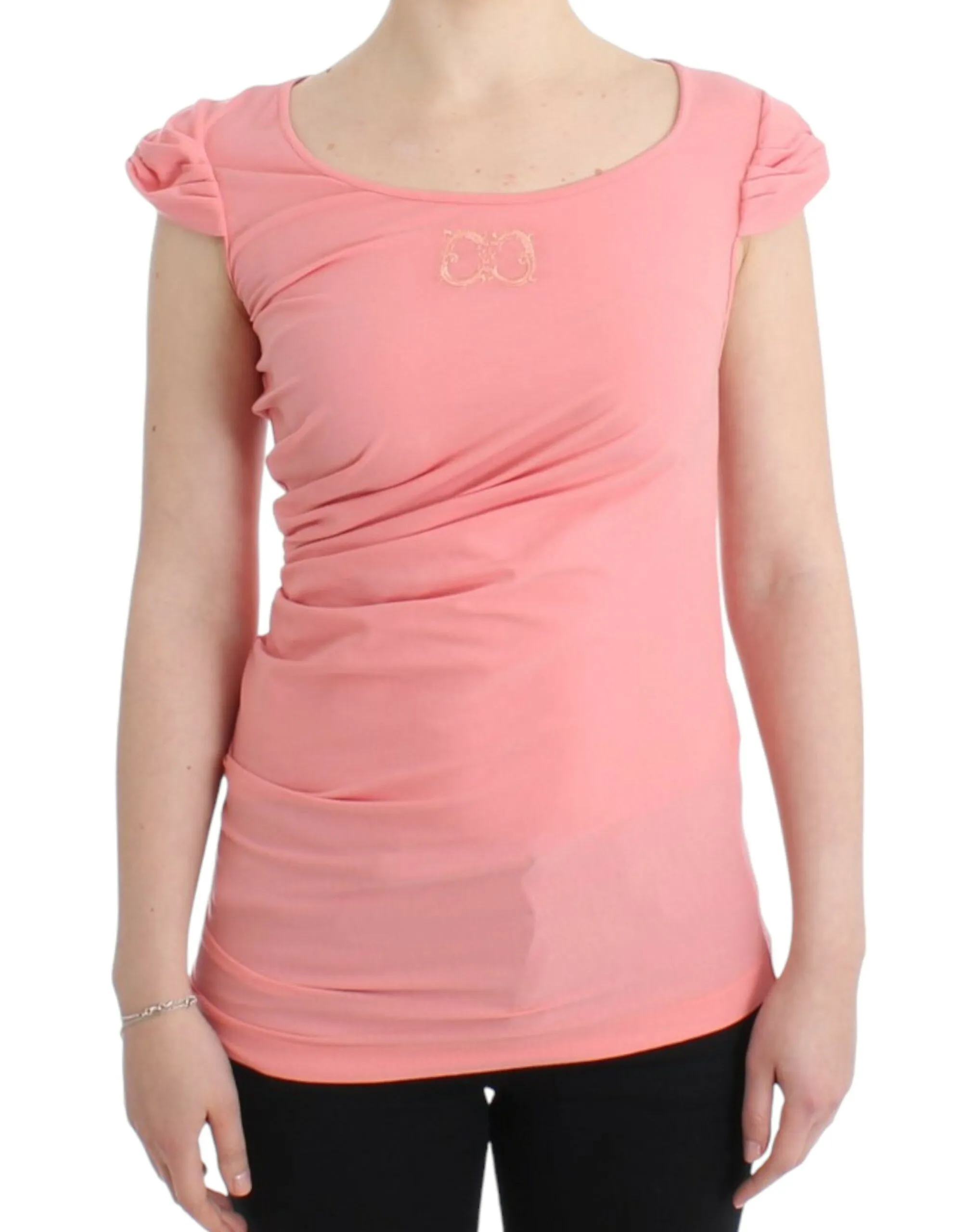 Cavalli Women's Pink Cotton Blend Tank Top with Cap Sleeves