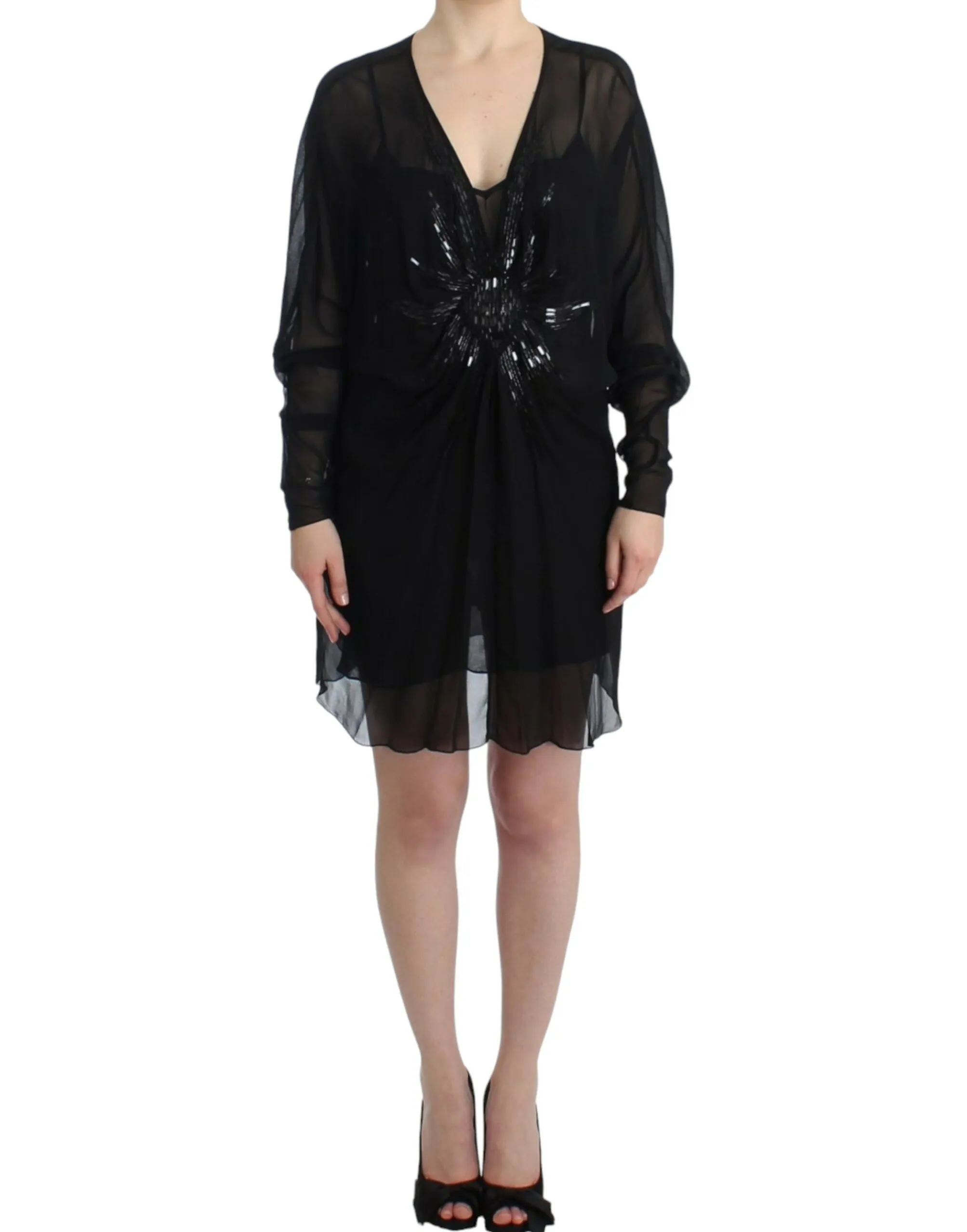 Cavalli Women's Elegant Sheer Black Silk Blouson Dress