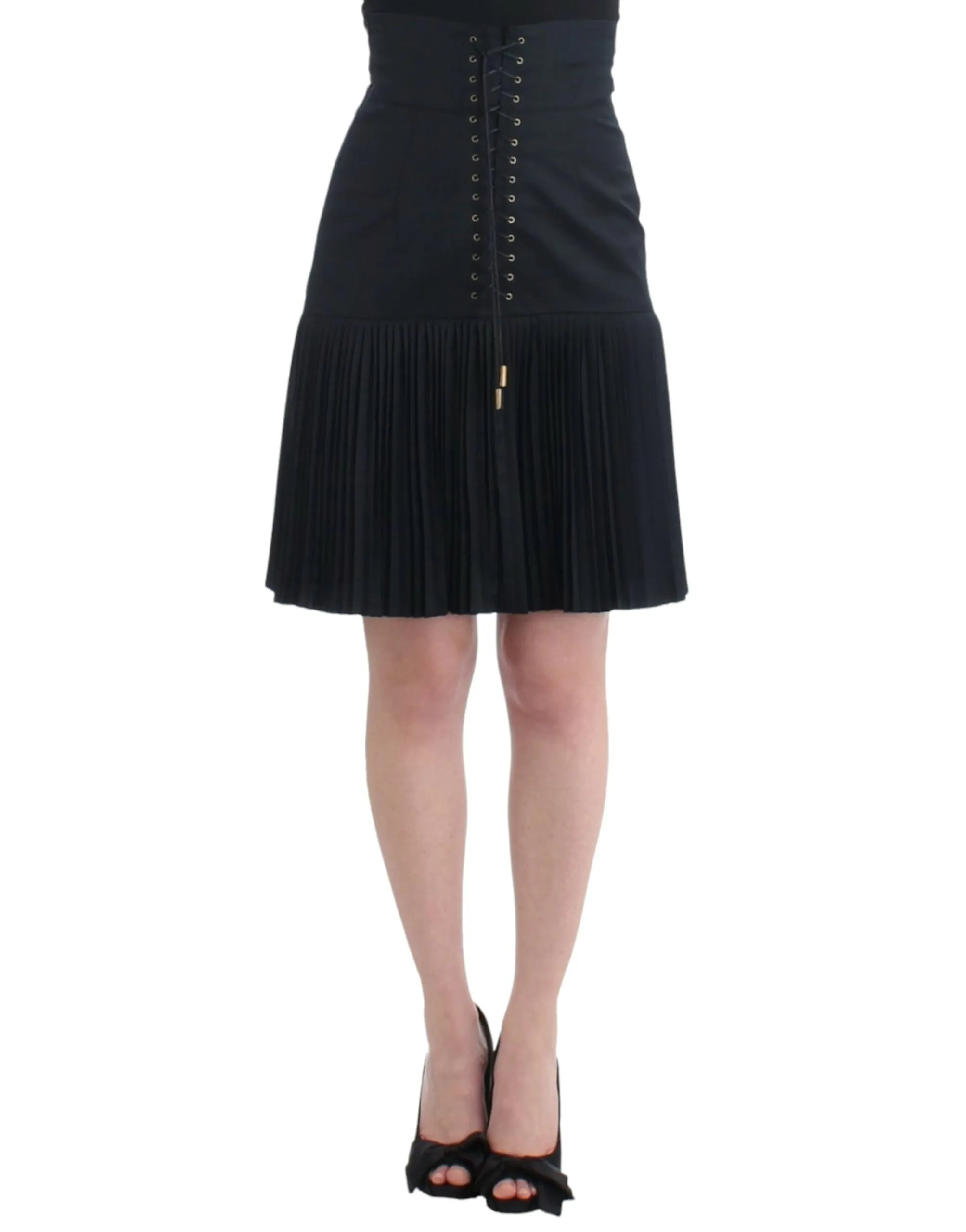 Cavalli Women's Elegant Black Pleated Lace A-Line Skirt