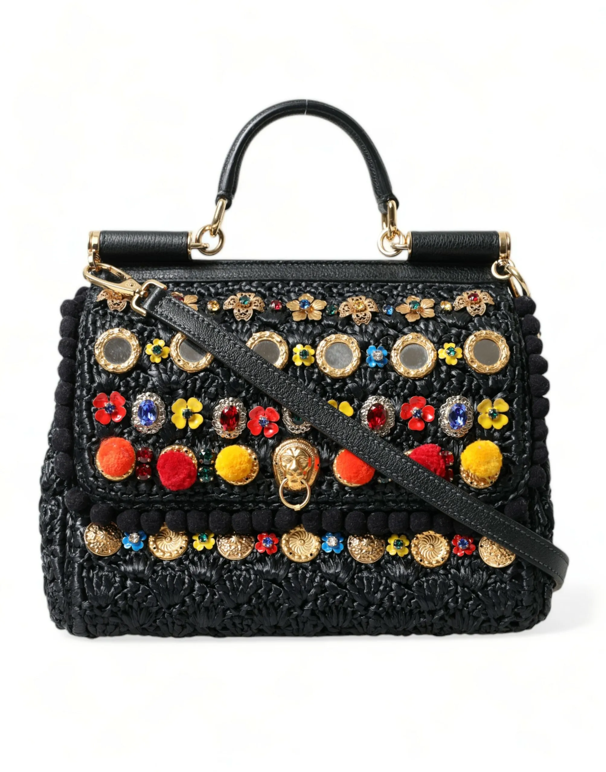 Dolce & Gabbana Women's Elegant Black Embellished Raffia Crossbody Tote