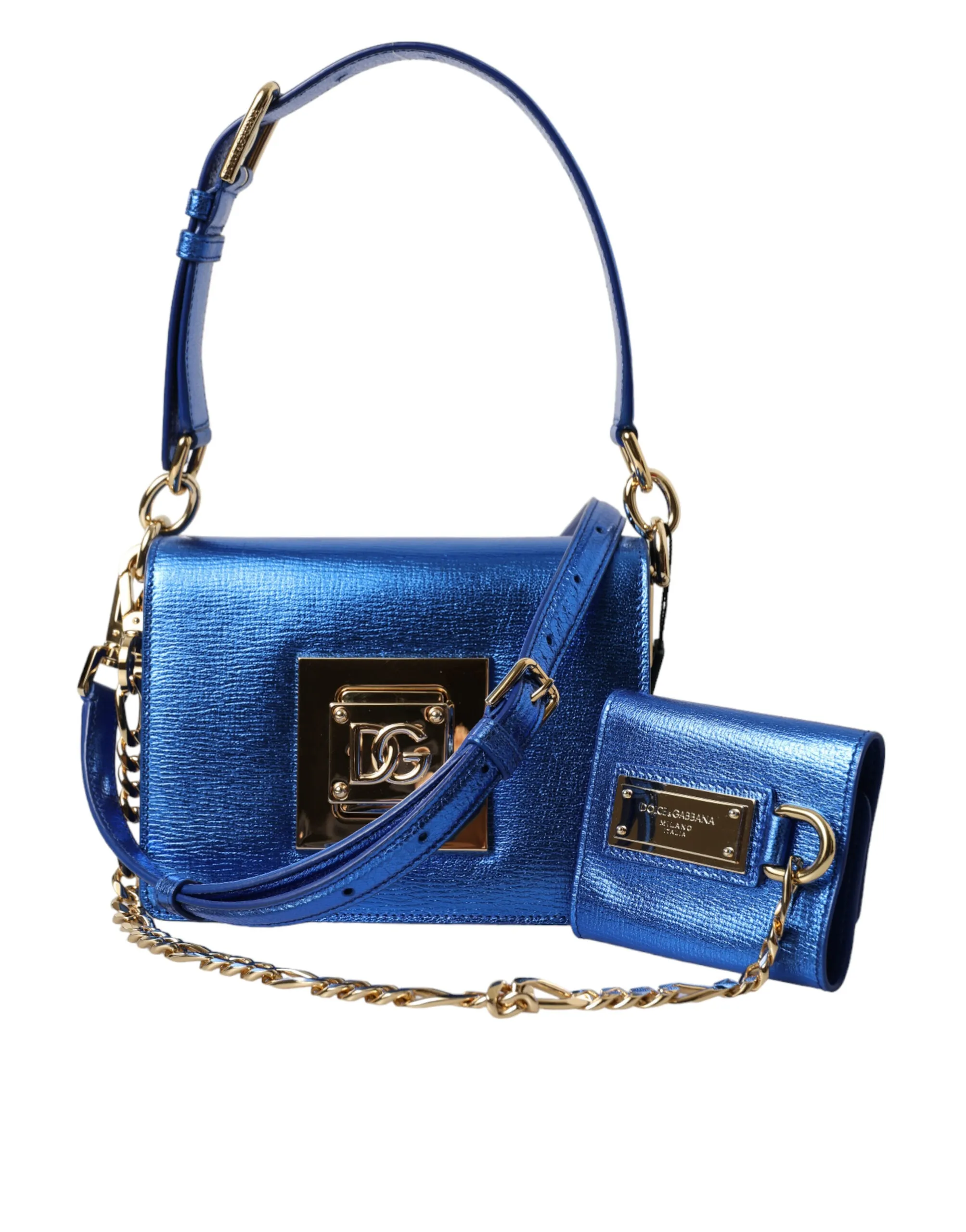 Dolce & Gabbana Women's Elegant Blue Leather Shoulder Bag with Gold Accents