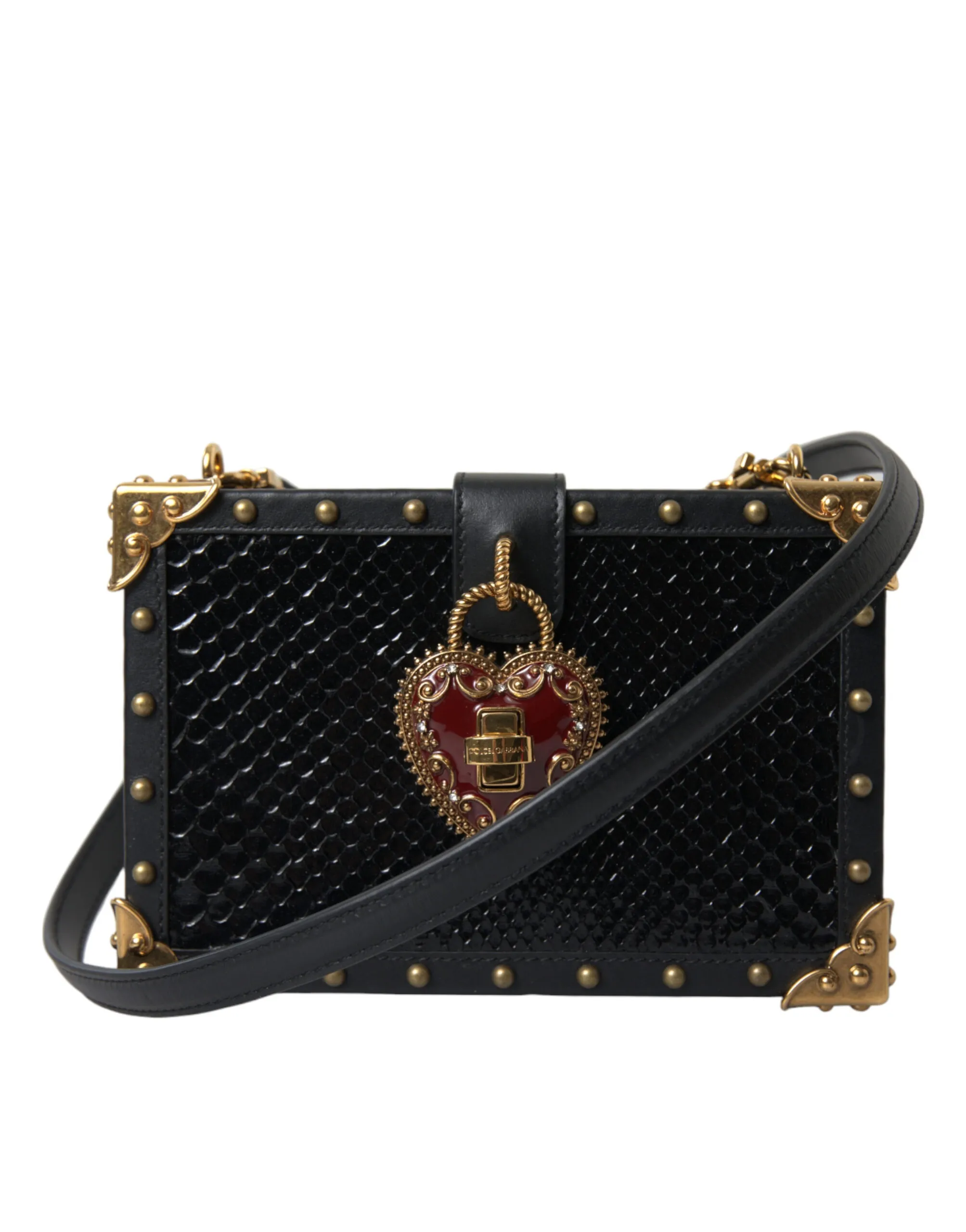 Dolce & Gabbana Women's Elegant Black Leather Box Clutch with Gold Details