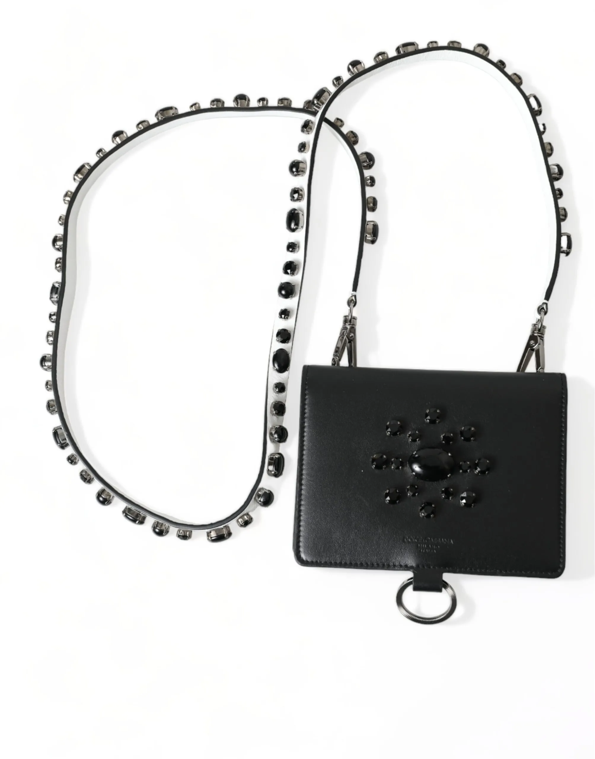 Dolce & Gabbana Women's Elegant Black Leather Crystal Card Holder Wallet