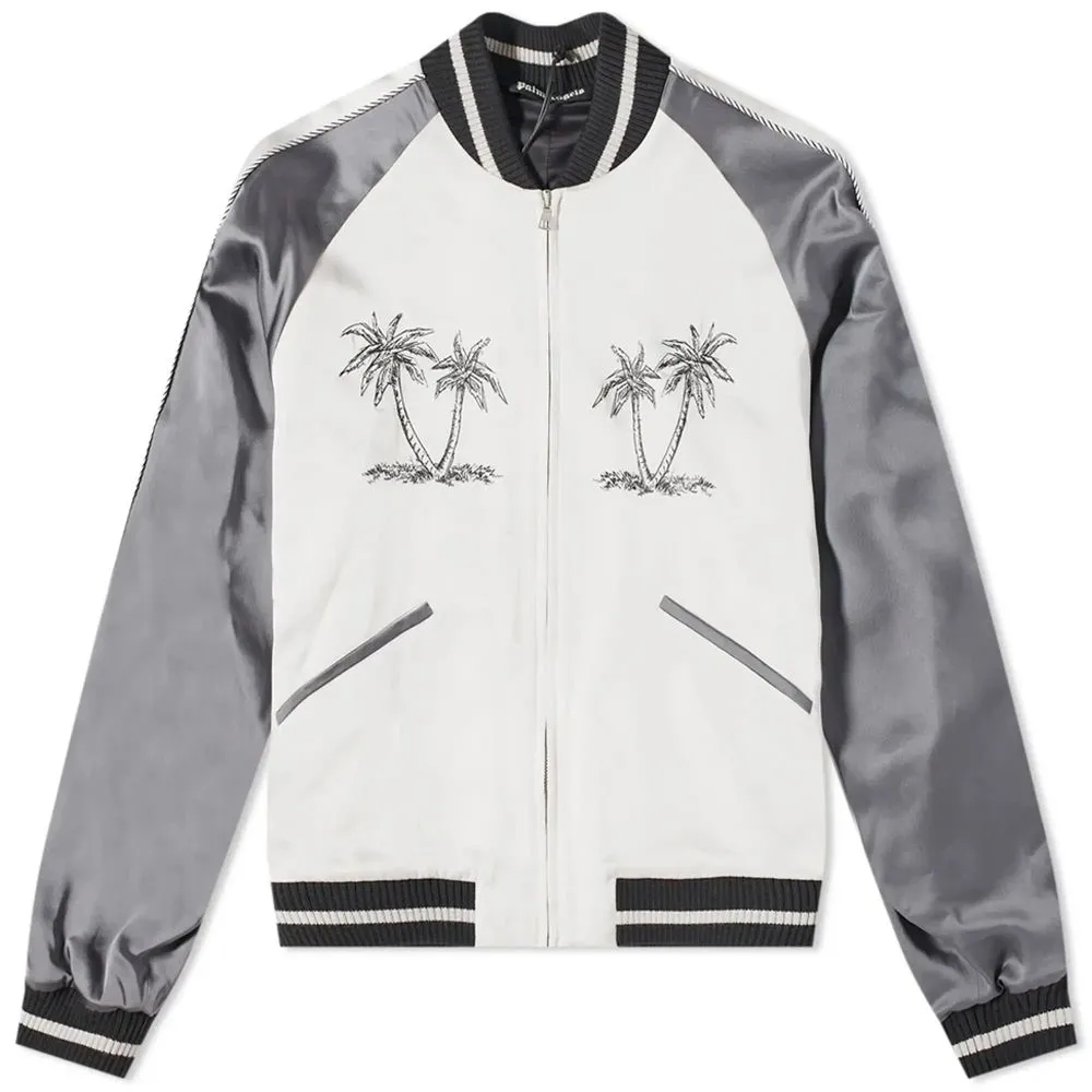 Palm Angels Men's Embroidered White Bomber Jacket - Zipper Closure