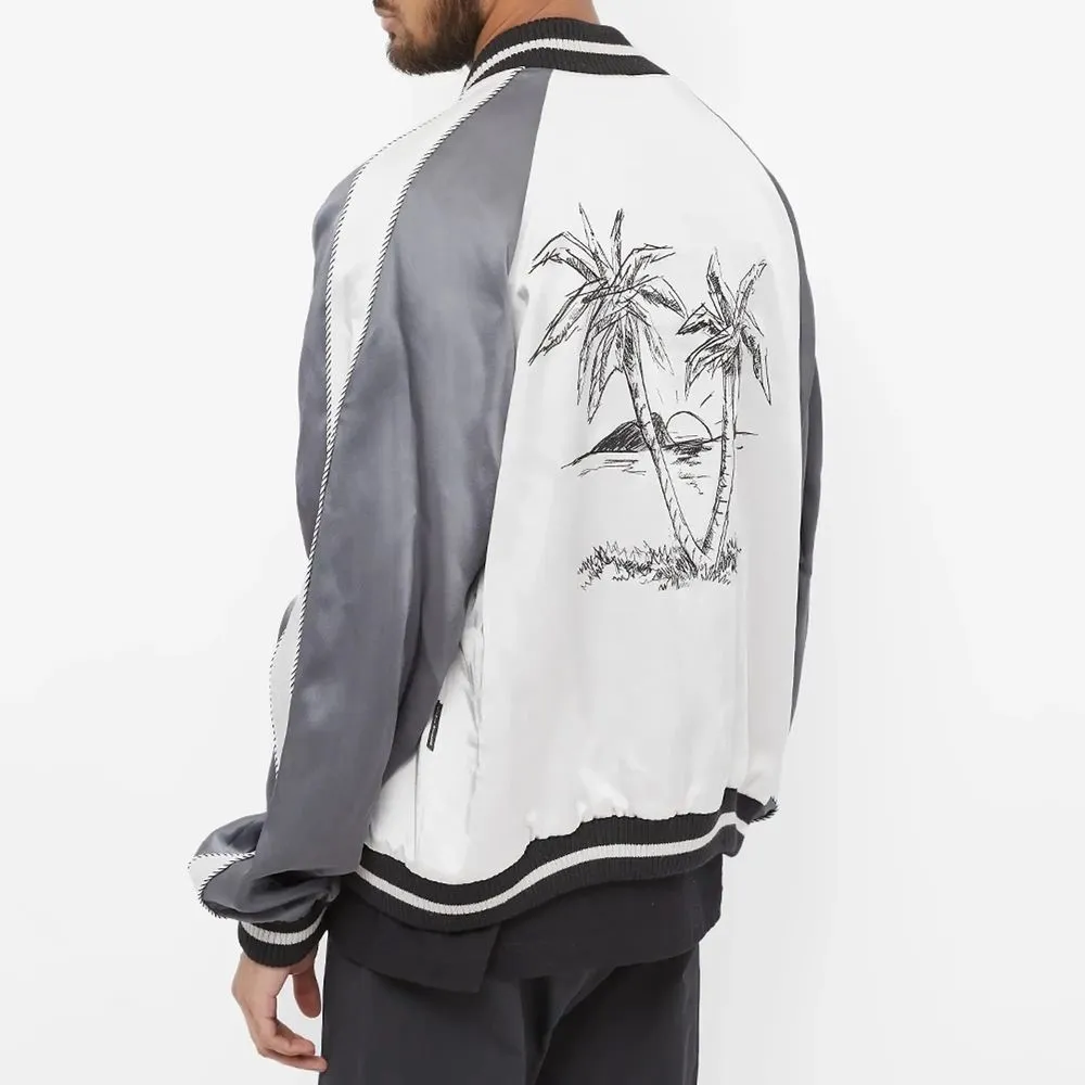 Palm Angels Men's Embroidered White Bomber Jacket - Zipper Closure