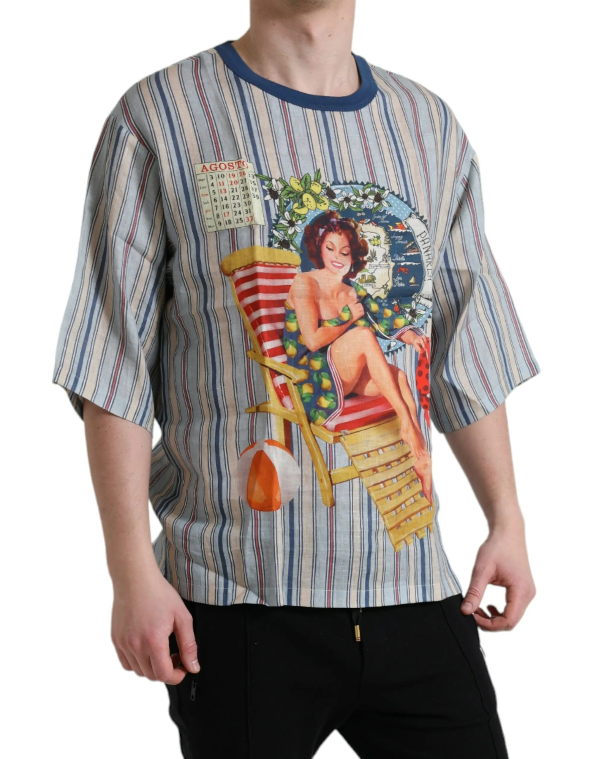 Dolce & Gabbana Men's Elegant Linen T-Shirt with AGOSTO Motif