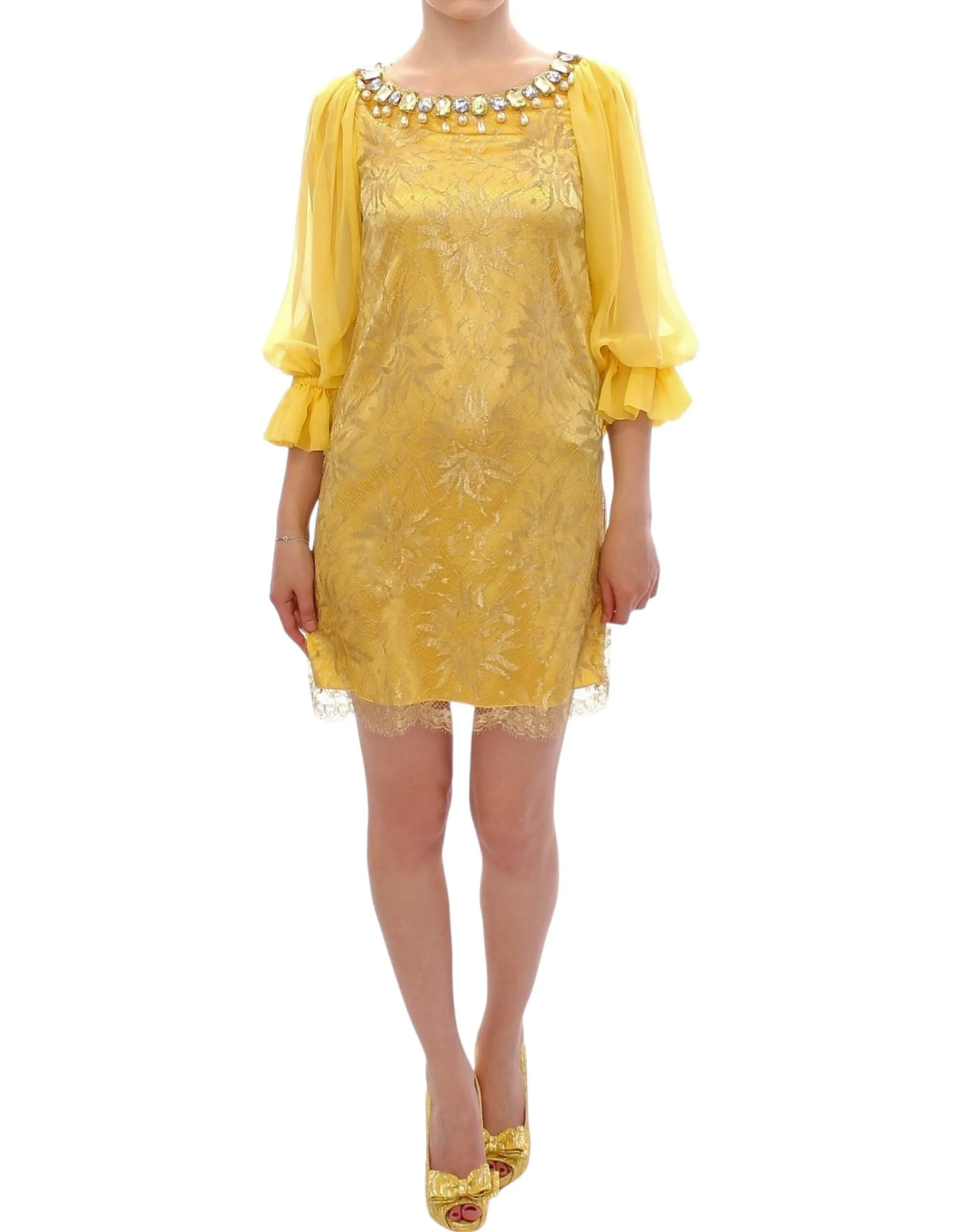 Dolce & Gabbana Women's Yellow Lace Crystal Embellished Mini Dress