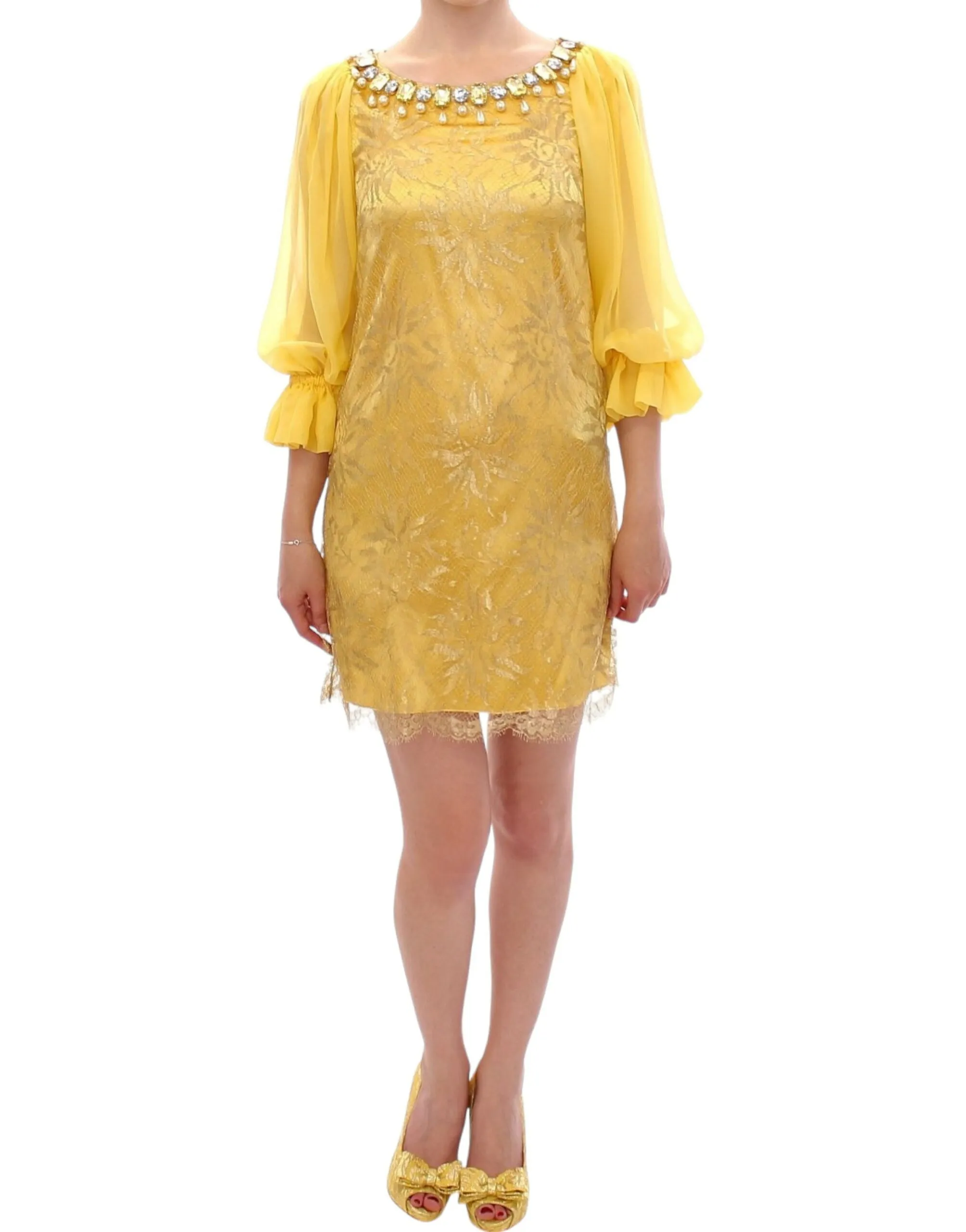 Dolce & Gabbana Women's Yellow Lace Crystal Embellished Mini Dress
