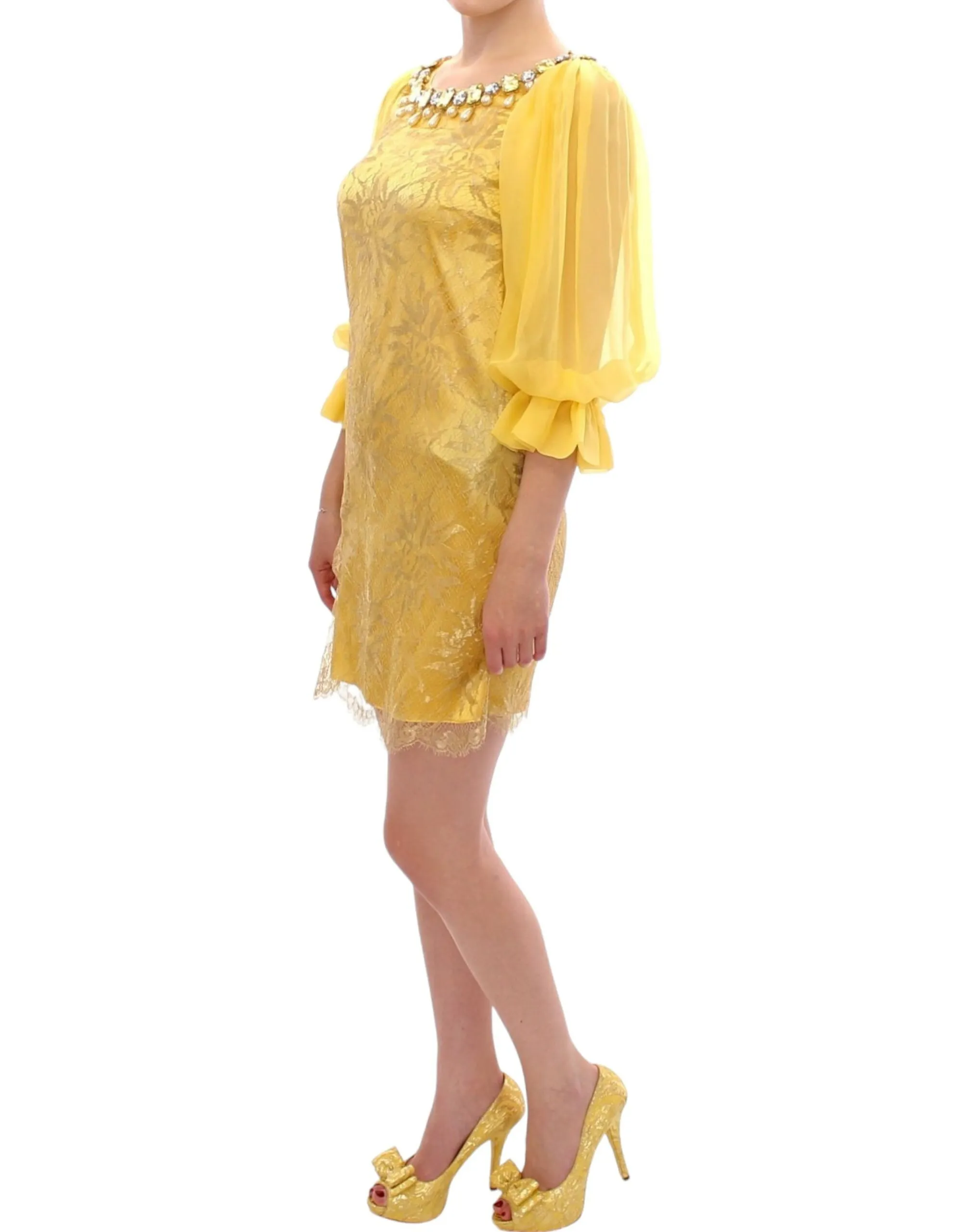Dolce & Gabbana Women's Yellow Lace Crystal Embellished Mini Dress