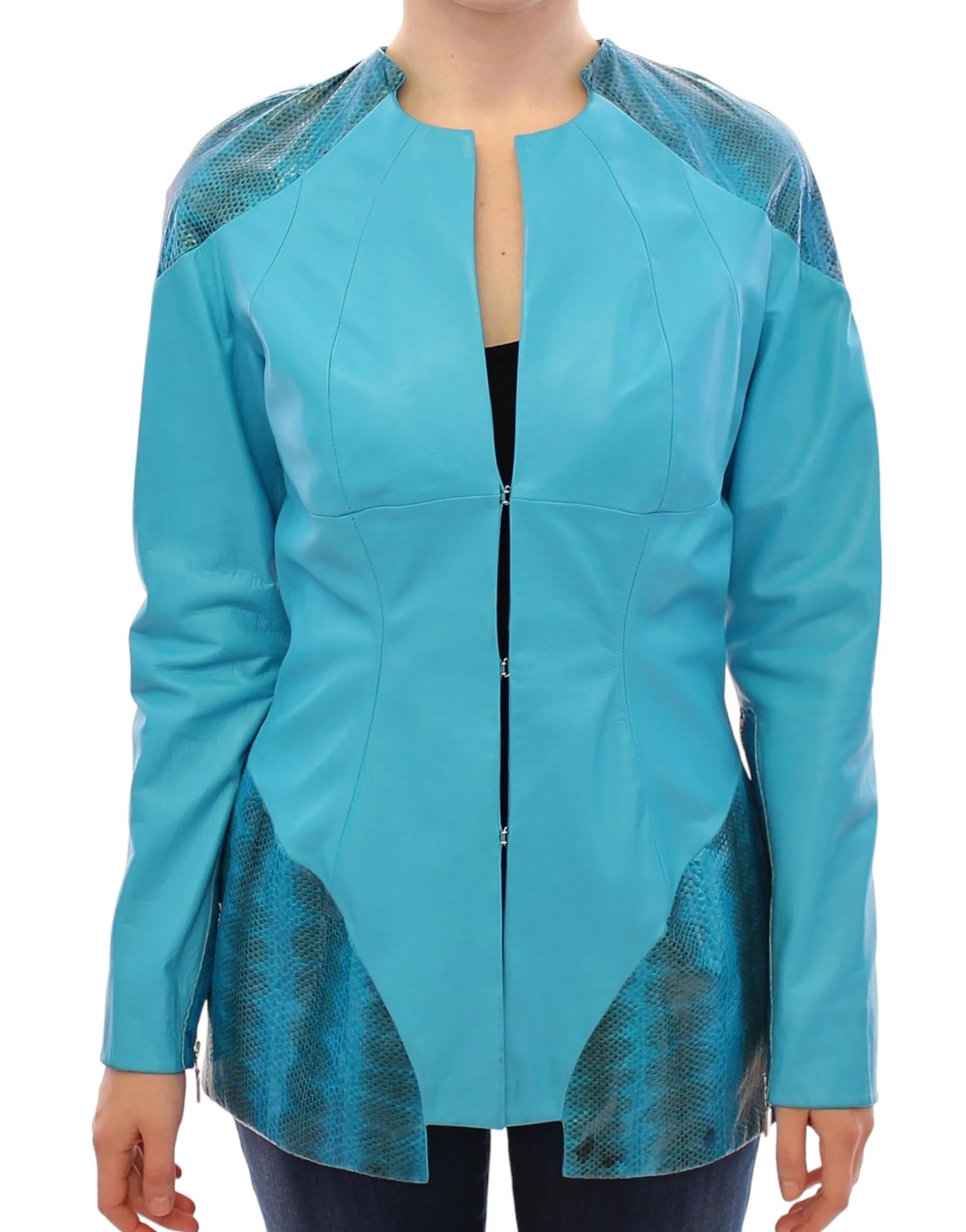 Vladimiro Gioia Women's Exquisite Blue Leather Jacket with Snake Print Detail