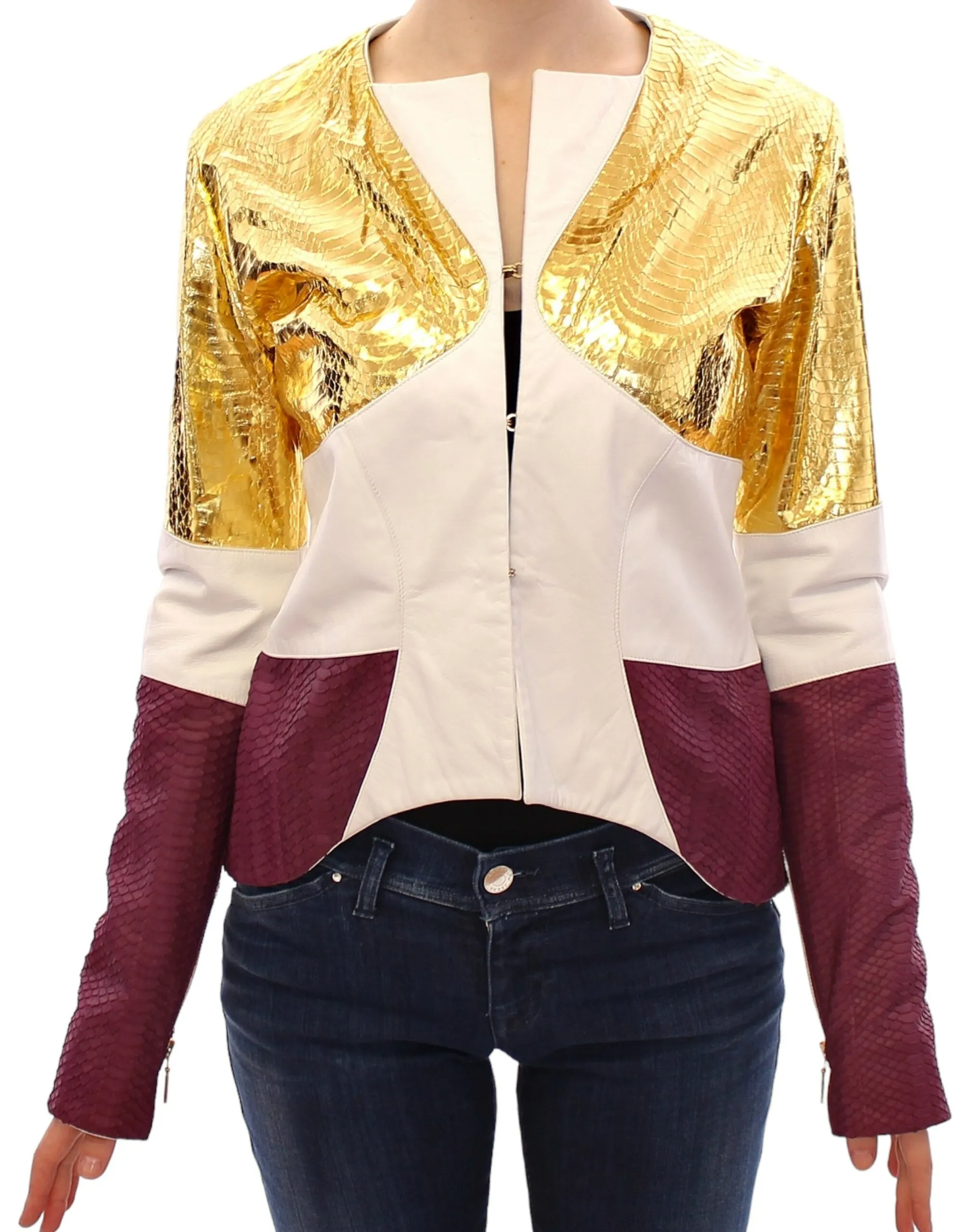 Vladimiro Gioia Women's Elegant Metallic Croc Print Leather Jacket