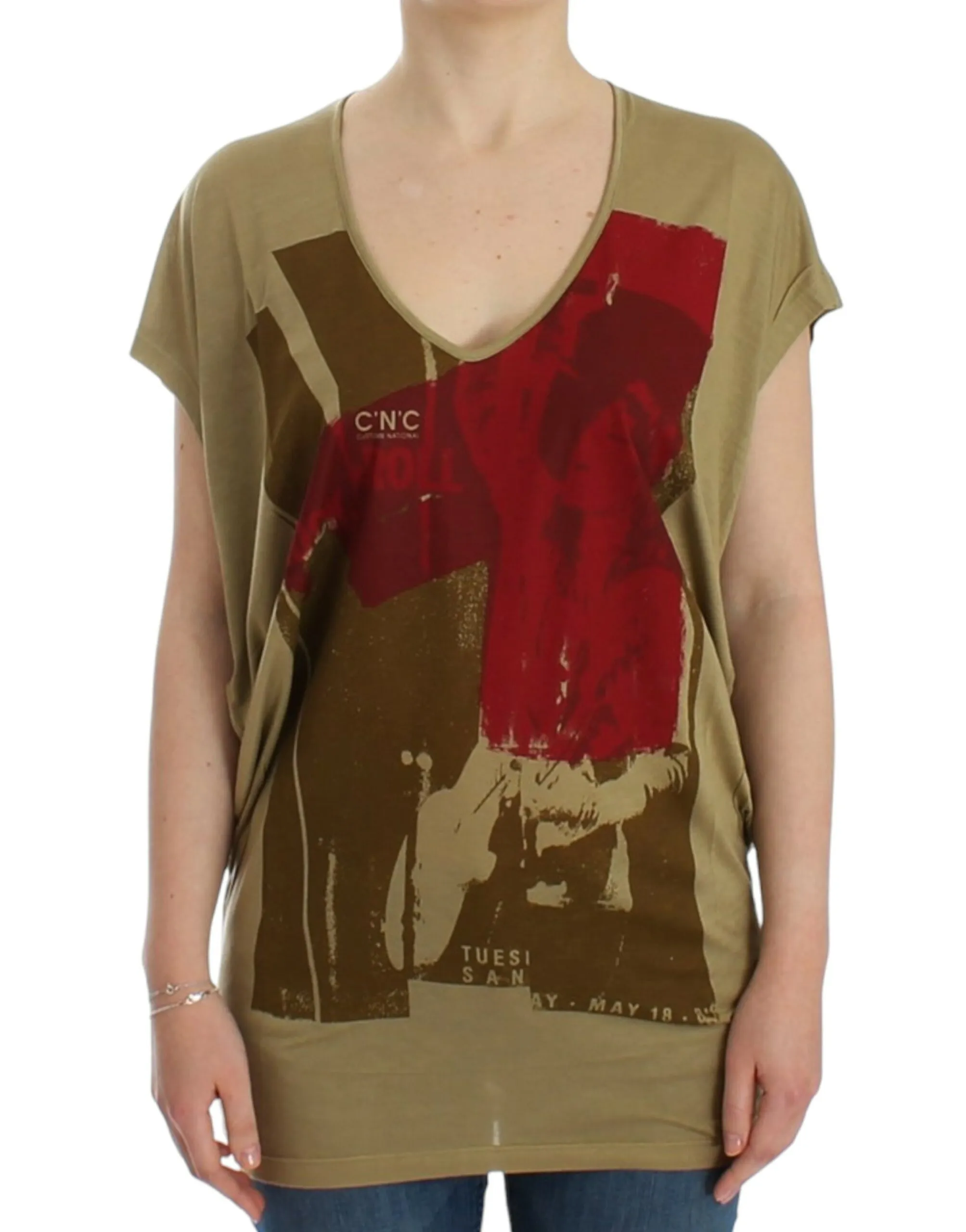 Costume National Women's Chic Green Multicolor Print V-Neck Tee