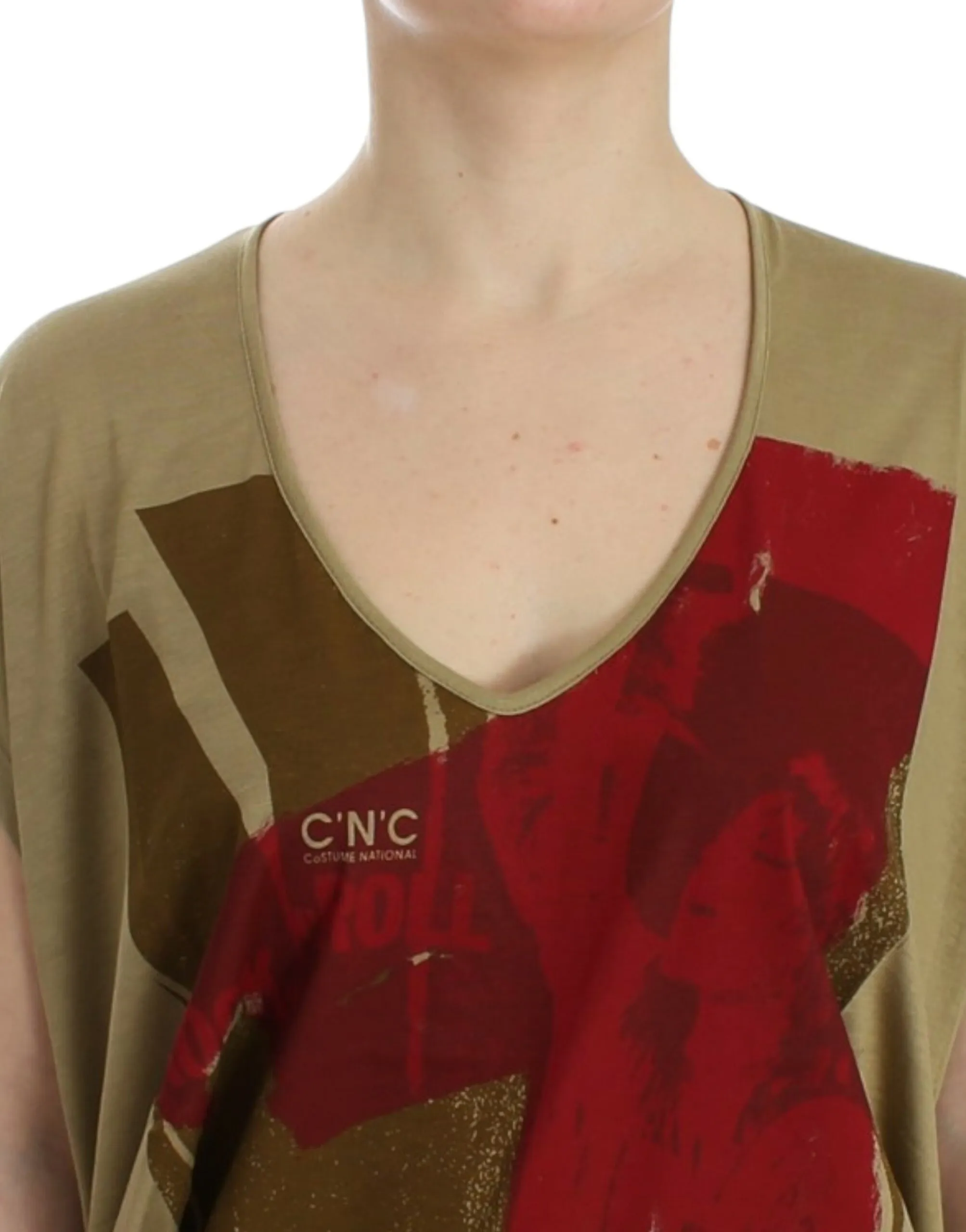 Costume National Women's Chic Green Multicolor Print V-Neck Tee