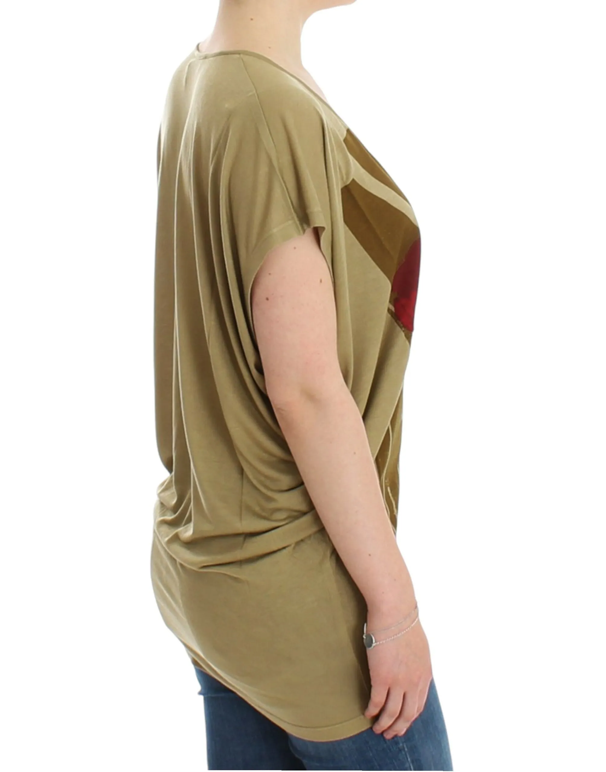 Costume National Women's Chic Green Multicolor Print V-Neck Tee