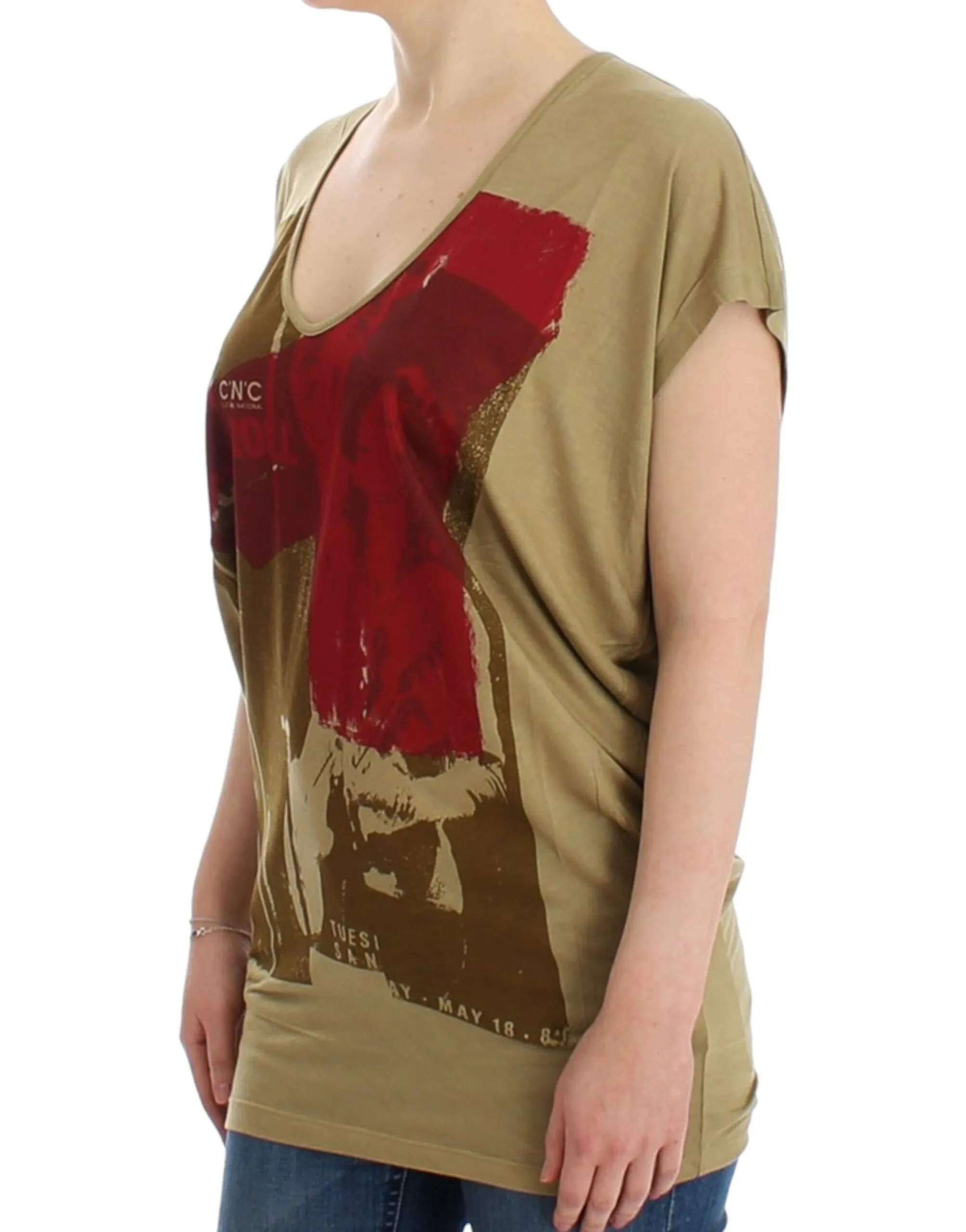 Costume National Women's Chic Green Multicolor Print V-Neck Tee