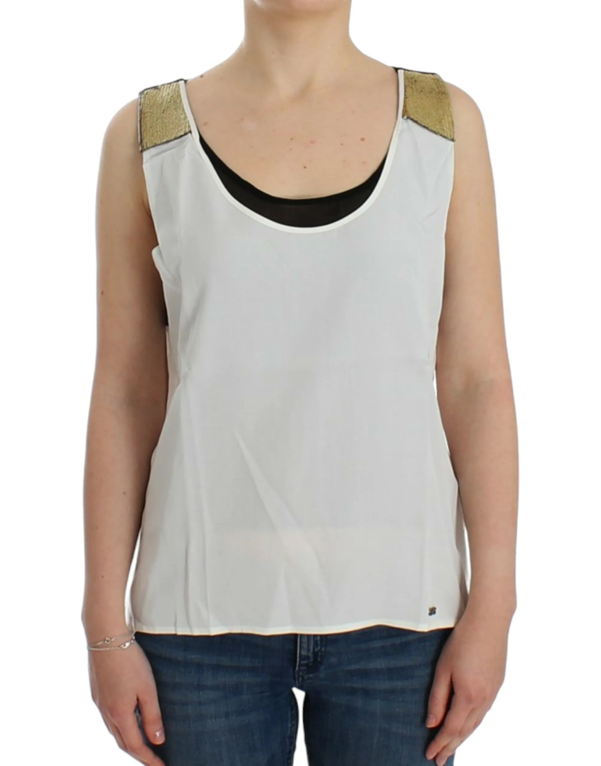 Costume National Women's Elegant Monochrome Sleeveless Top with Gold Accents