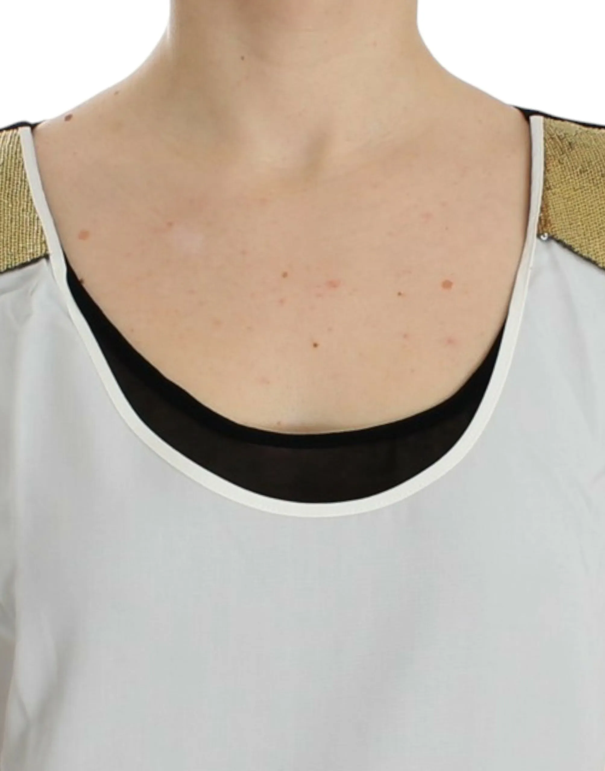 Costume National Women's Elegant Monochrome Sleeveless Top with Gold Accents
