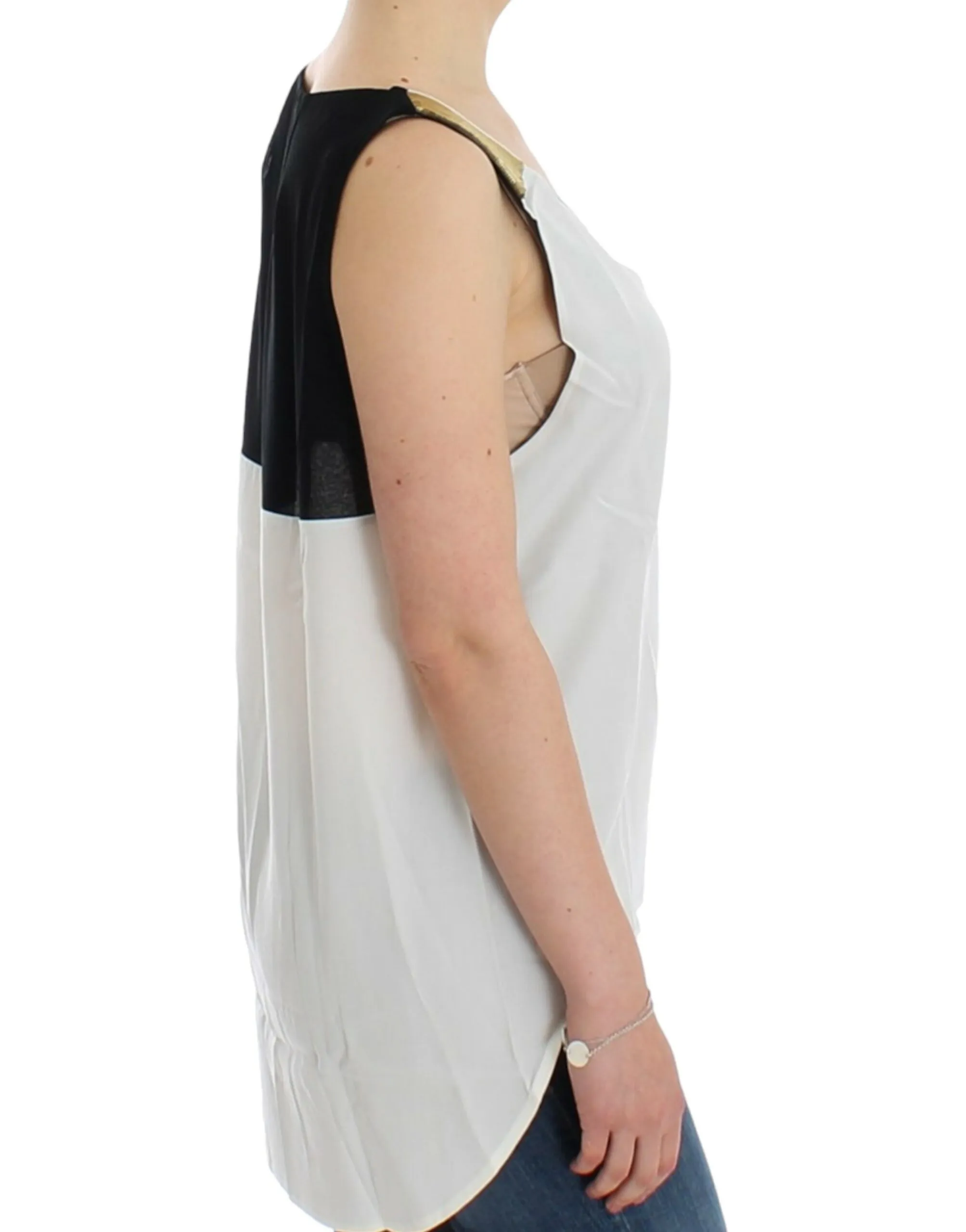 Costume National Women's Elegant Monochrome Sleeveless Top with Gold Accents