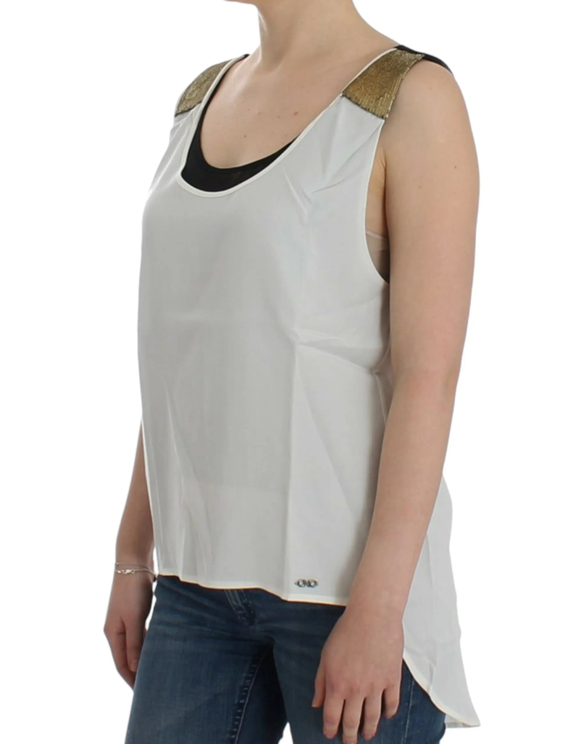 Costume National Women's Elegant Monochrome Sleeveless Top with Gold Accents