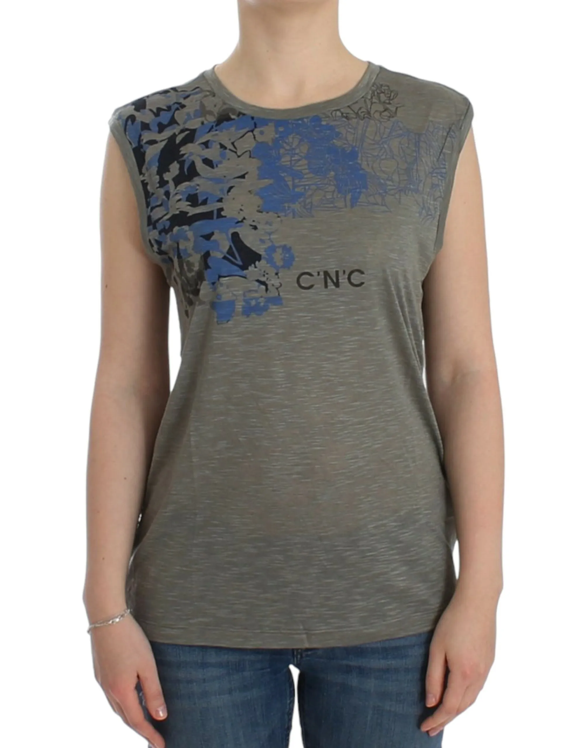 Costume National Women's Chic Sleeveless Gray Top with Blue Detailing