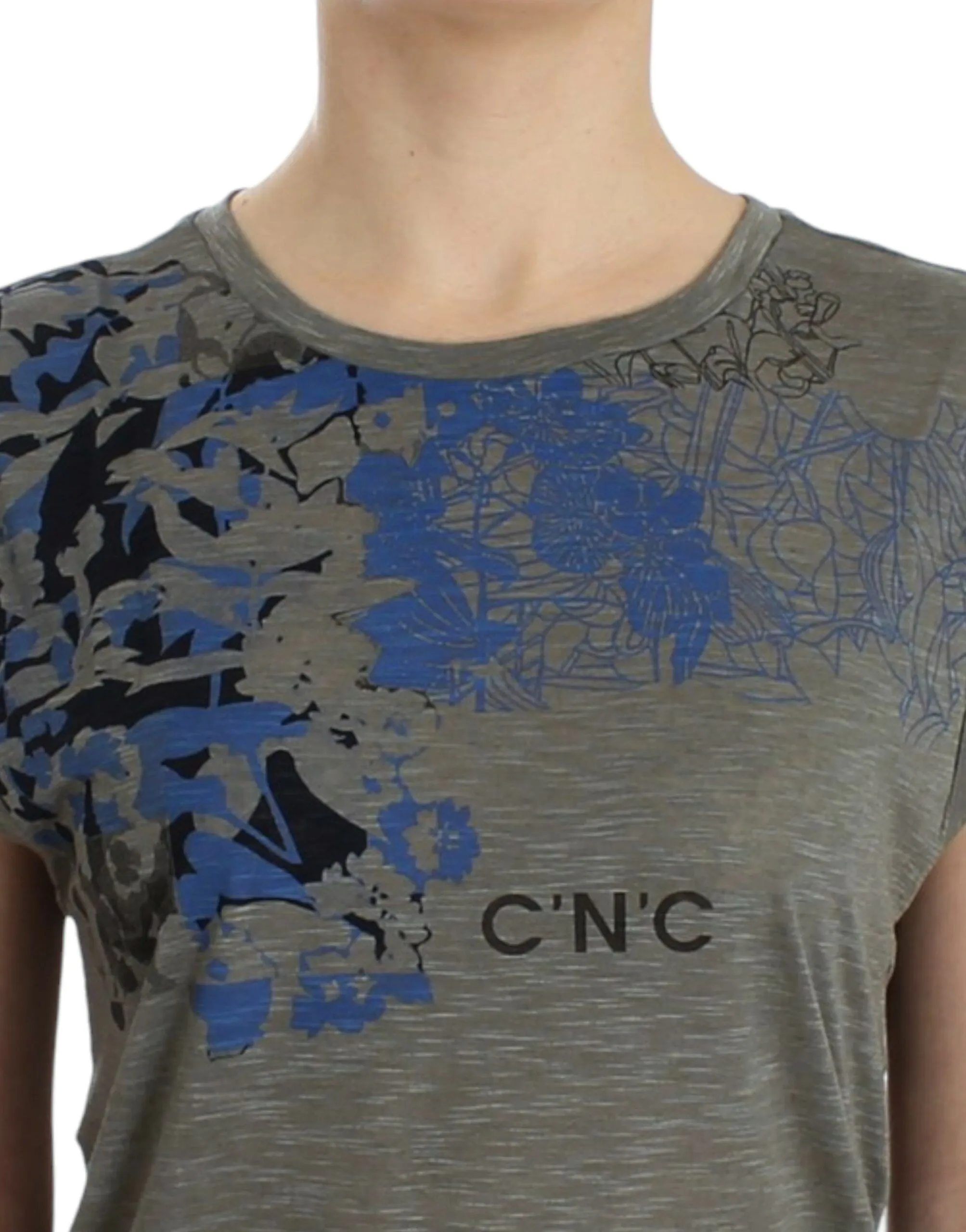Costume National Women's Chic Sleeveless Gray Top with Blue Detailing