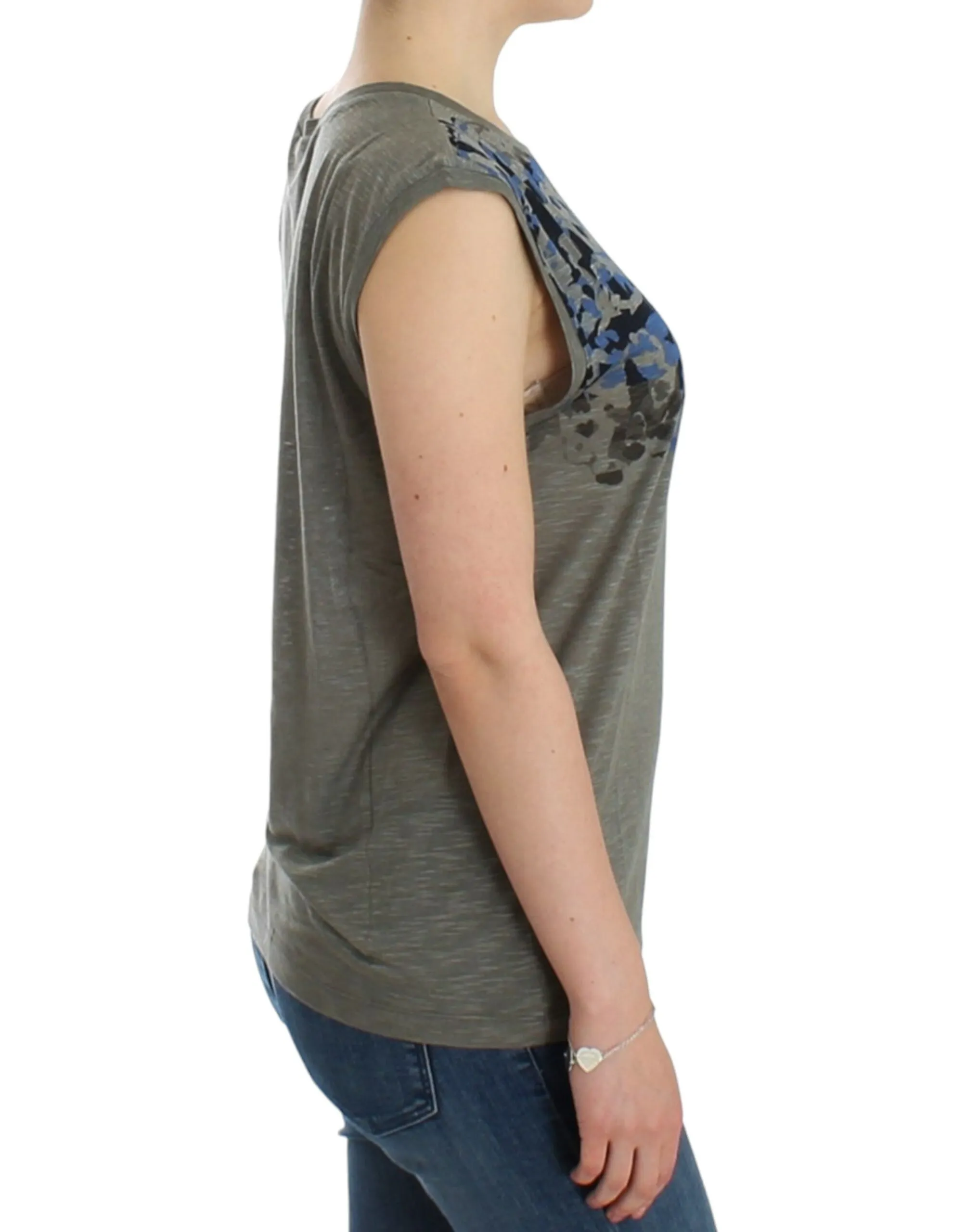 Costume National Women's Chic Sleeveless Gray Top with Blue Detailing