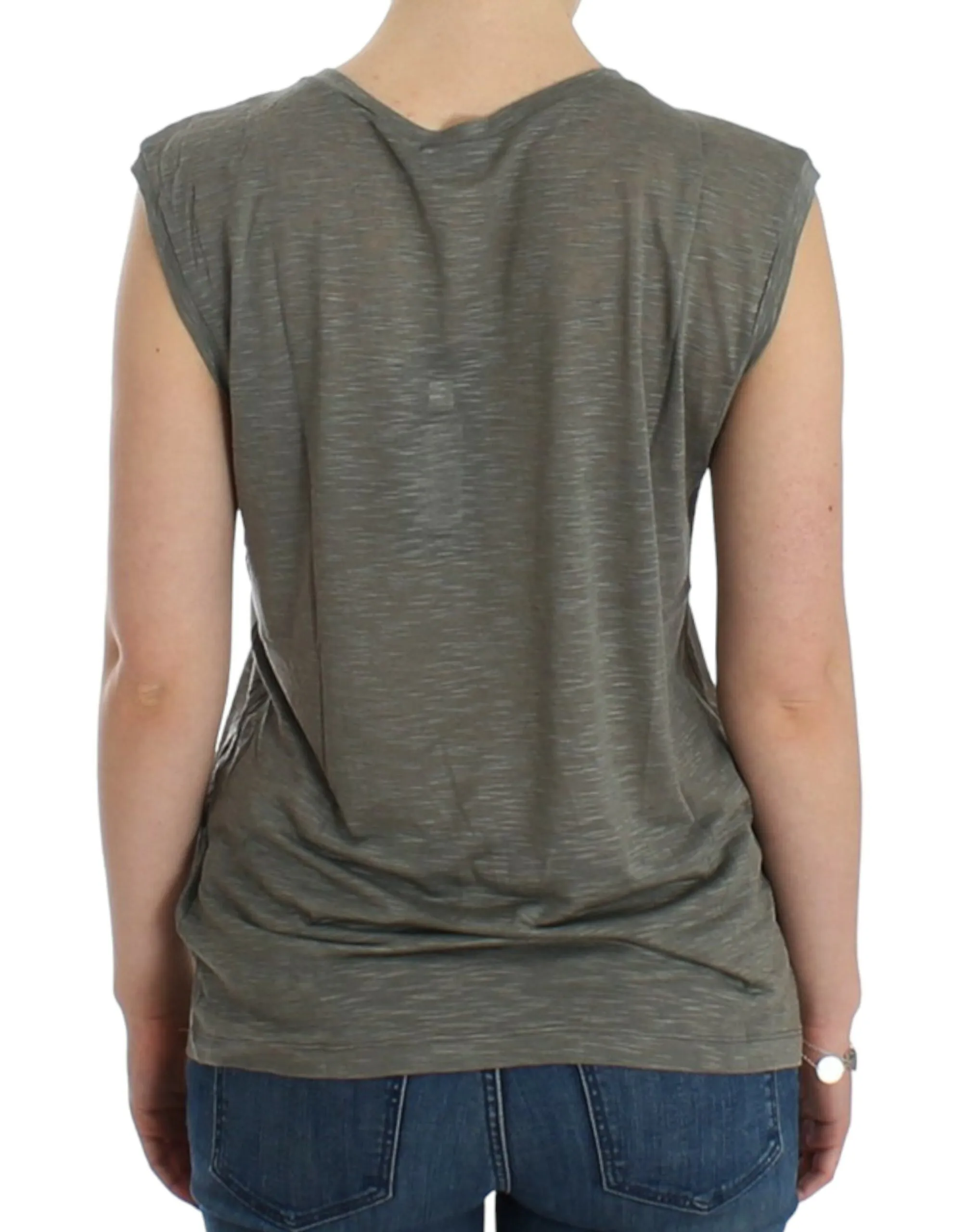 Costume National Women's Chic Sleeveless Gray Top with Blue Detailing