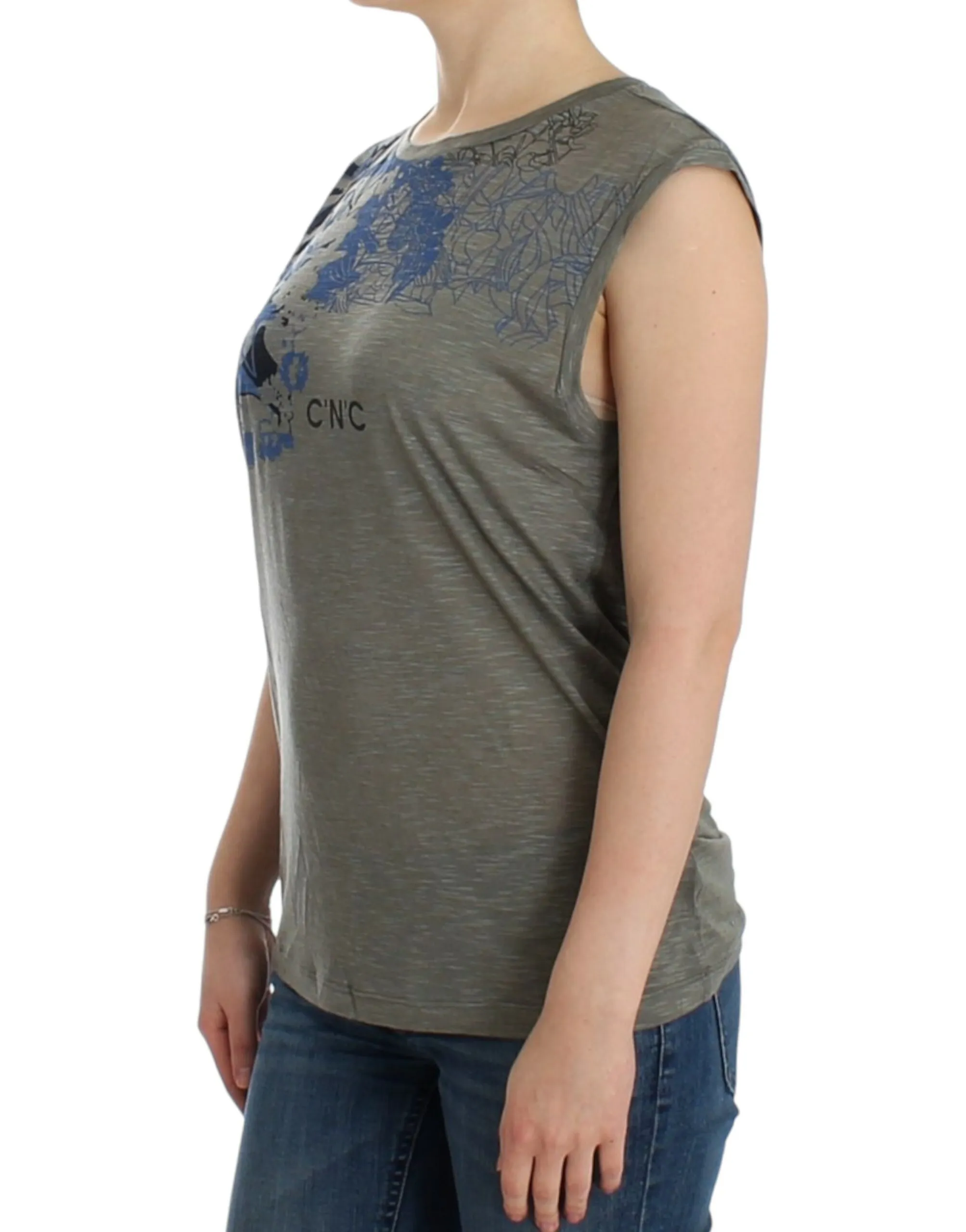 Costume National Women's Chic Sleeveless Gray Top with Blue Detailing