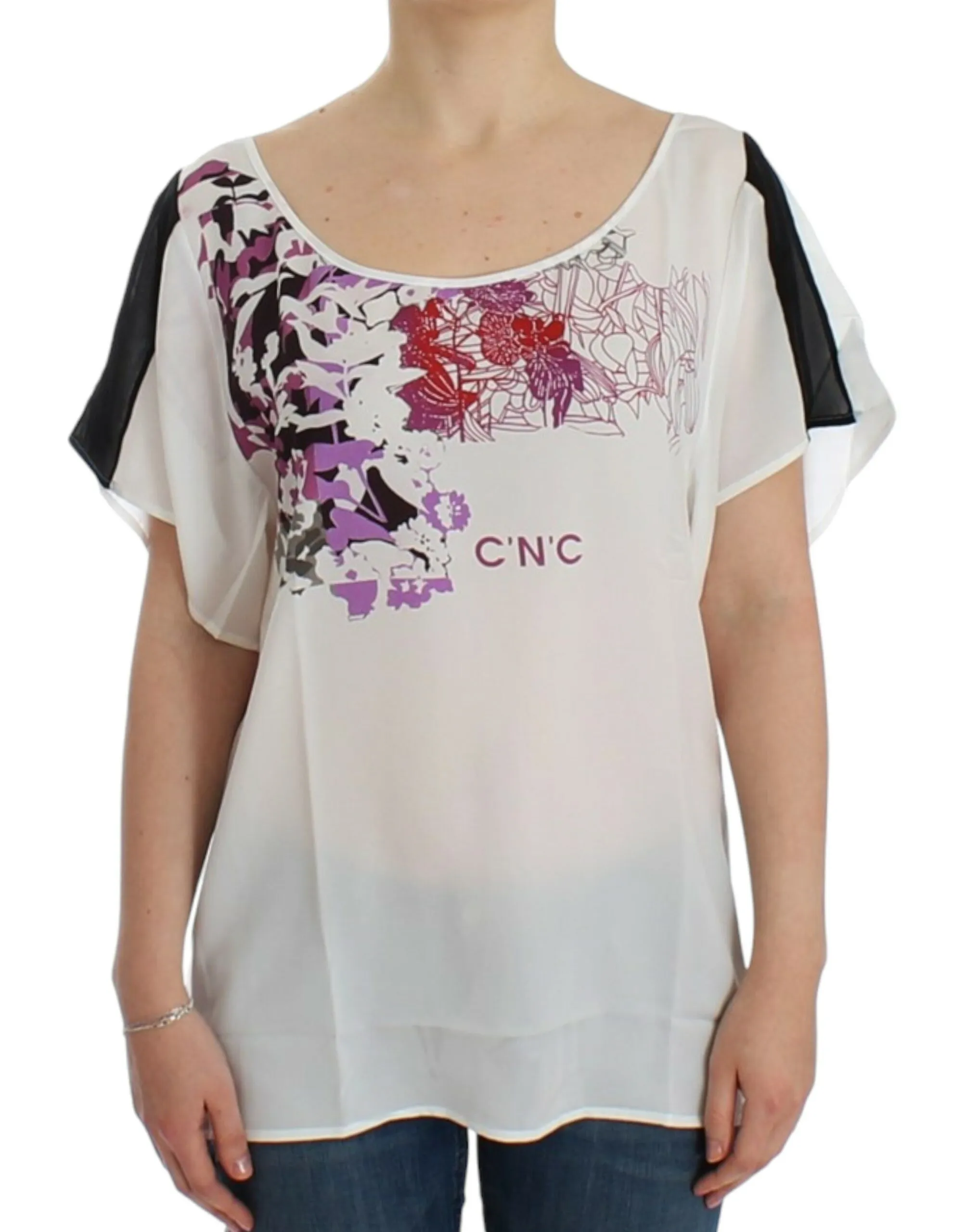 Costume National Women's Chic White V-Neck Motive Print Tee