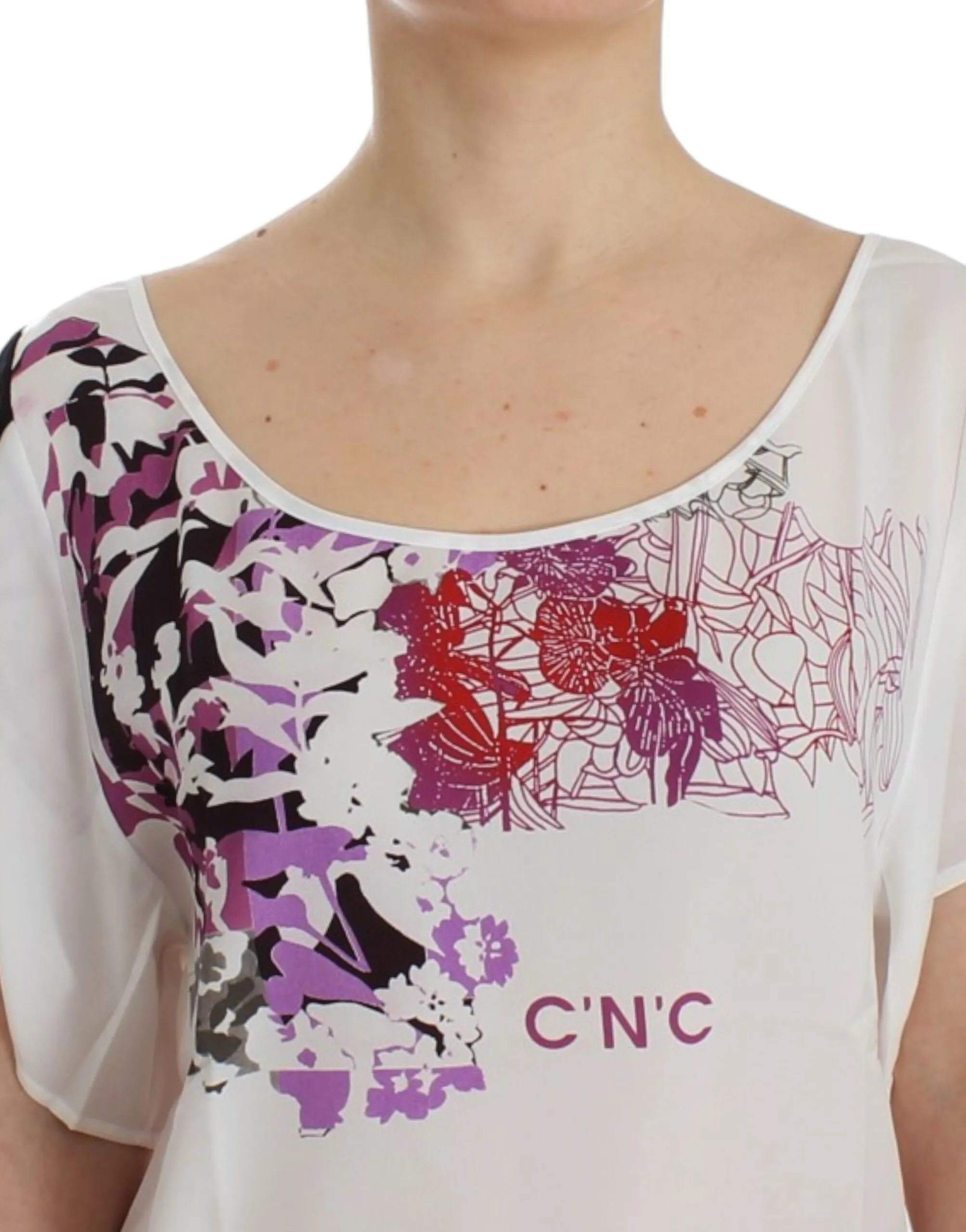 Costume National Women's Chic White V-Neck Motive Print Tee
