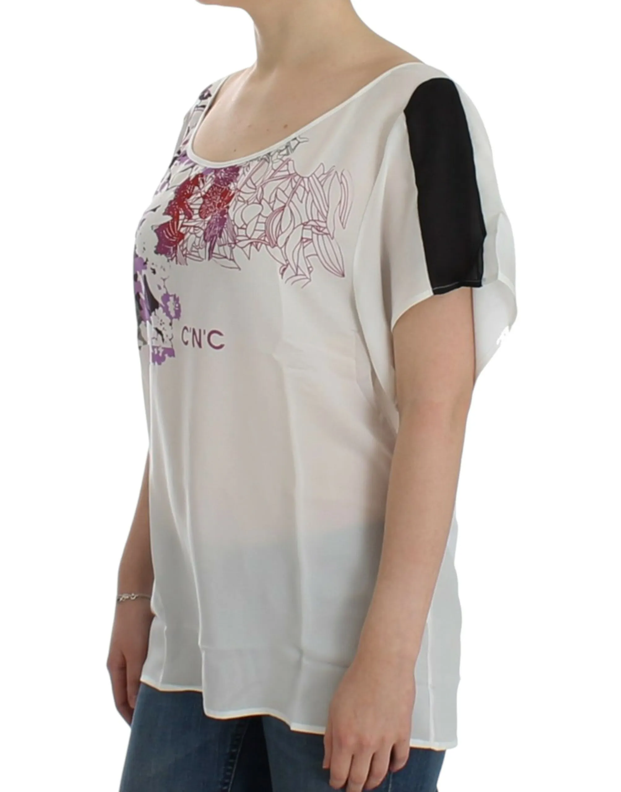 Costume National Women's Chic White V-Neck Motive Print Tee